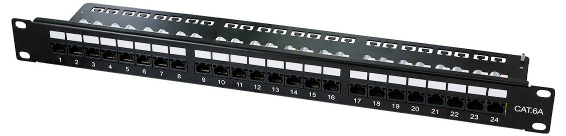 Ein 24-Port-CAT6A-Patchpanel mit beschrifteten Netzwerkbuchsen zur Ethernet-Kabelführung.