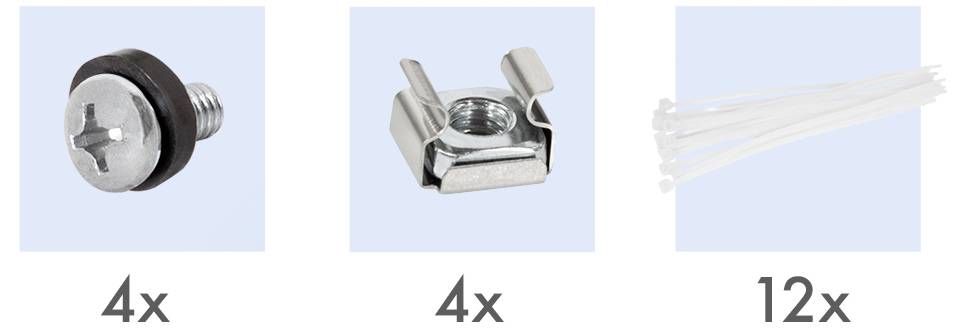 '4x Schraube mit Unterlegscheibe,' '4x Käfigmutter,' '12x Kabelbinder' in einer Reihe vor einem hellblauen Hintergrund.