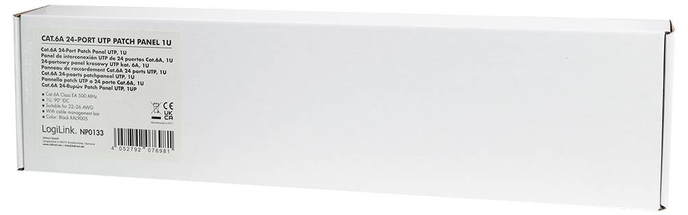Eine weiße Box, die ein Cat.6A 24-Port UTP Patchpanel enthält, gekennzeichnet mit Produktinformationen und der LogiLink-Marke.