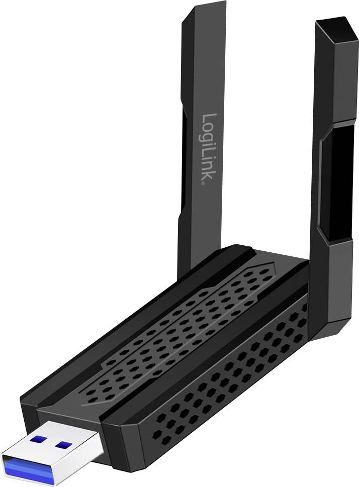Ein USB-WLAN-Adapter mit klappbaren Antennen, entwickelt zur Verbesserung der drahtlosen Konnektivität, mit dem Schriftzug 'LogiLink' an der Seite.