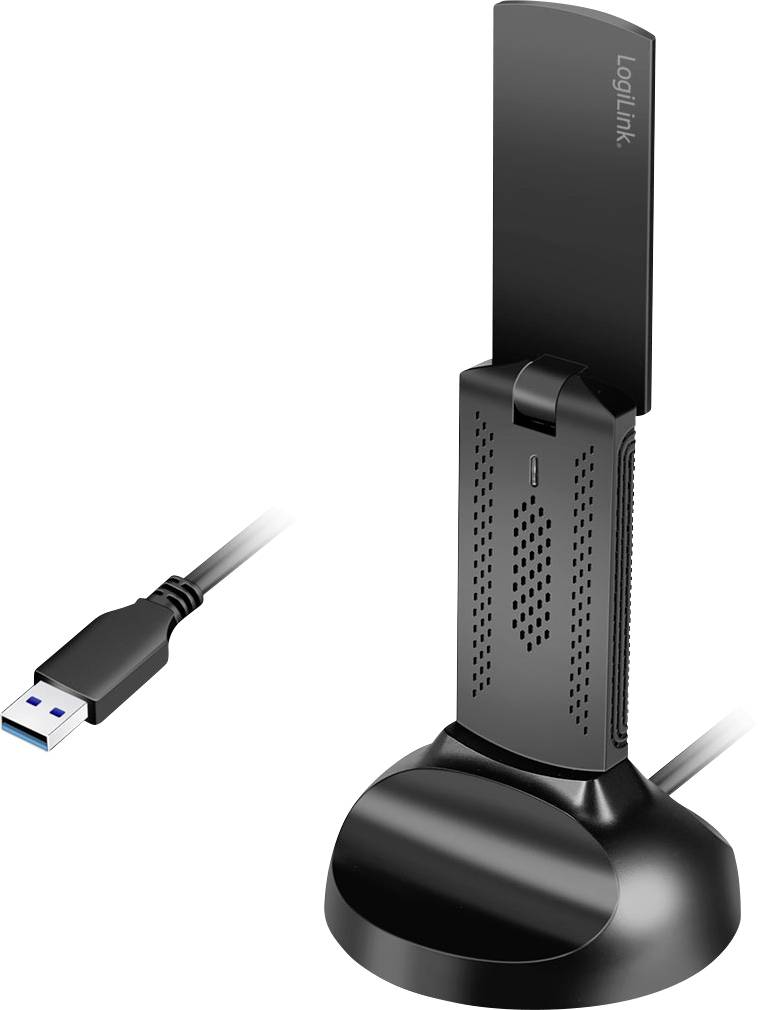 USB 3.0 WLAN-Adapter mit Antenne, die aufrecht auf einer runden schwarzen Basis positioniert ist, zusammen mit einem USB-Kabel für die Konnektivität.