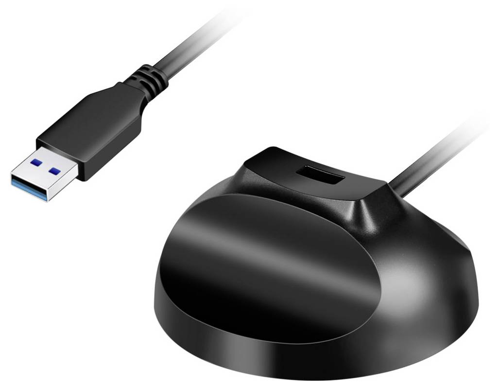 Ein USB-Kartenleser mit einer schwarzen Basis und einem USB-3.0-Anschluss, entwickelt zum Anschluss an Computer für Datentransfers.