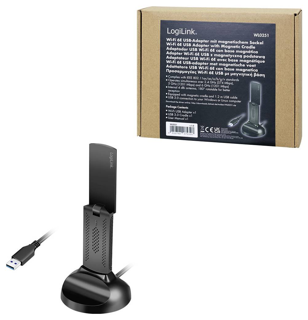 LogiLink WLAN 6 USB-Adapter mit magnetischem Ständer, der die Adaptereinrichtung zeigt, wobei die Verpackung mehrsprachige Spezifikationen enthält.