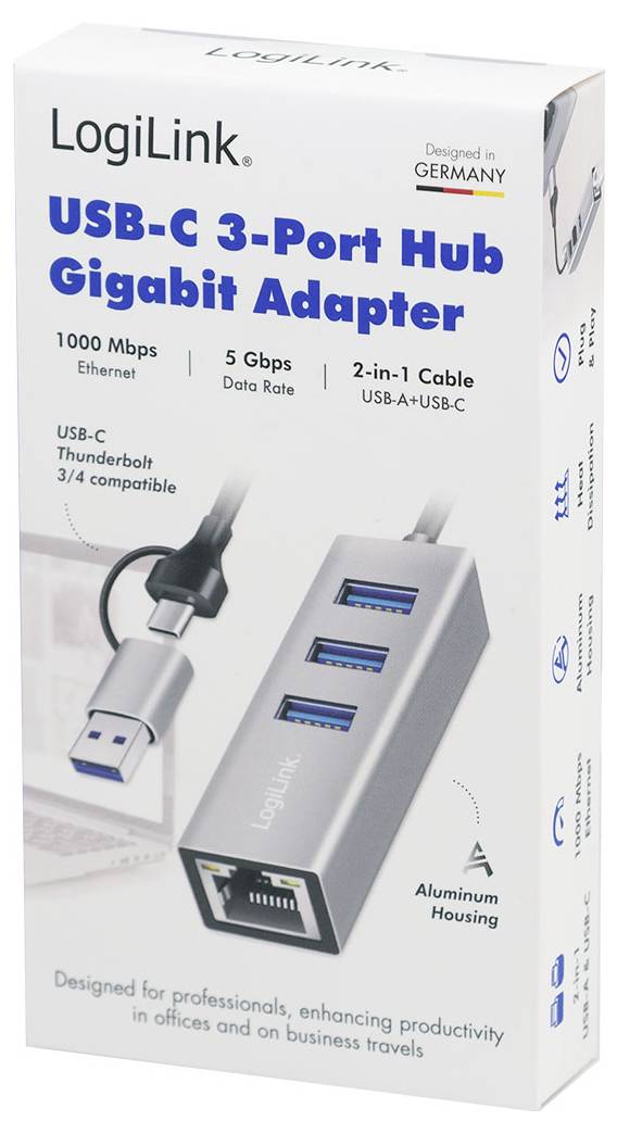 LogiLink UA0440 Netzwerkadapter/Hub 5 GBit/s USB-C® (USB 3.2 Gen 1)