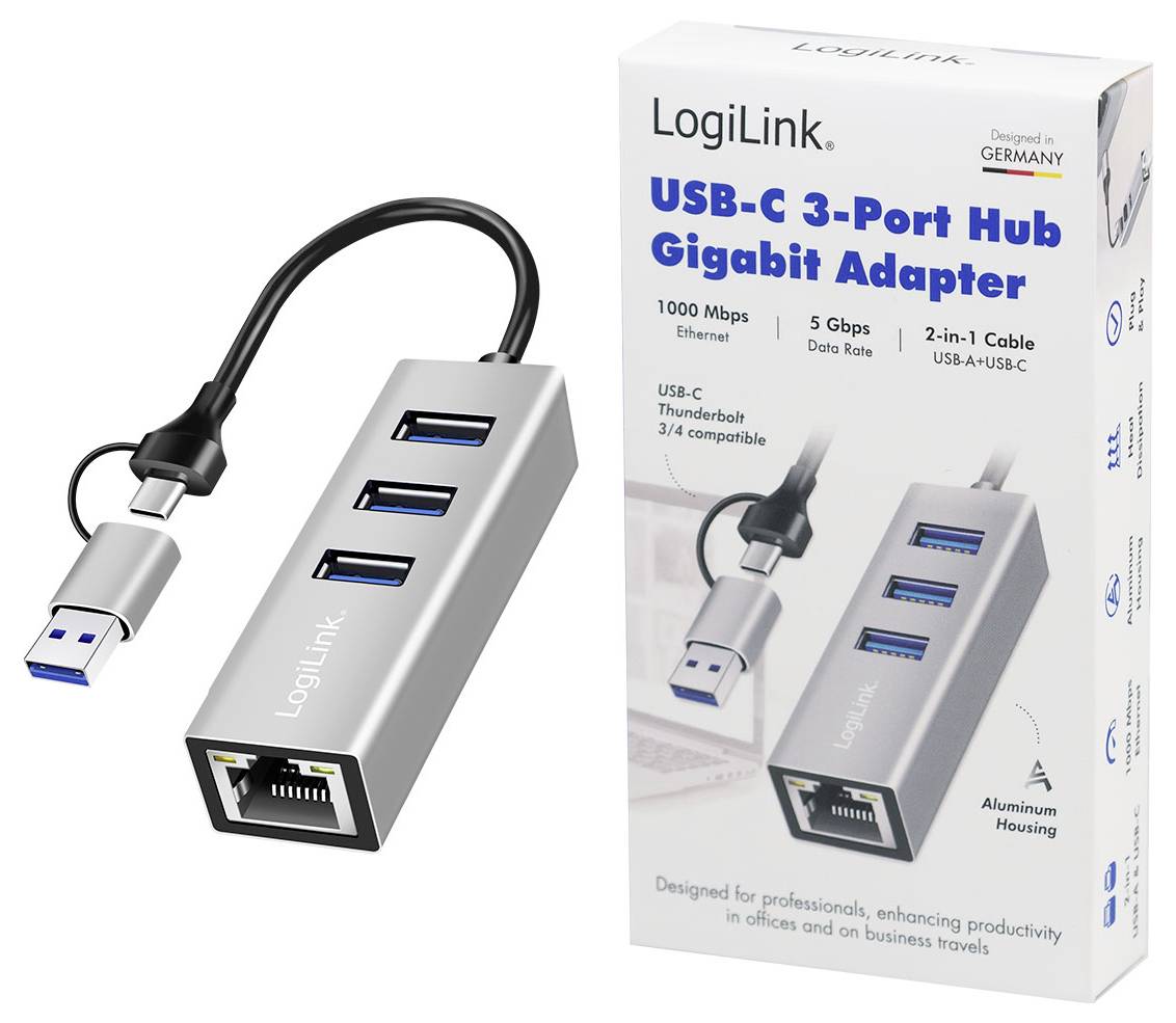 LogiLink UA0440 Netzwerkadapter/Hub 5 GBit/s USB-C® (USB 3.2 Gen 1)