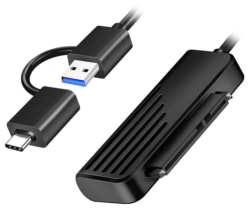 Ein schwarzer USB-Adapter mit USB-A- und USB-C-Anschlüssen, der für den Anschluss von SSDs entwickelt wurde und ein schlankes und kompaktes Design aufweist.