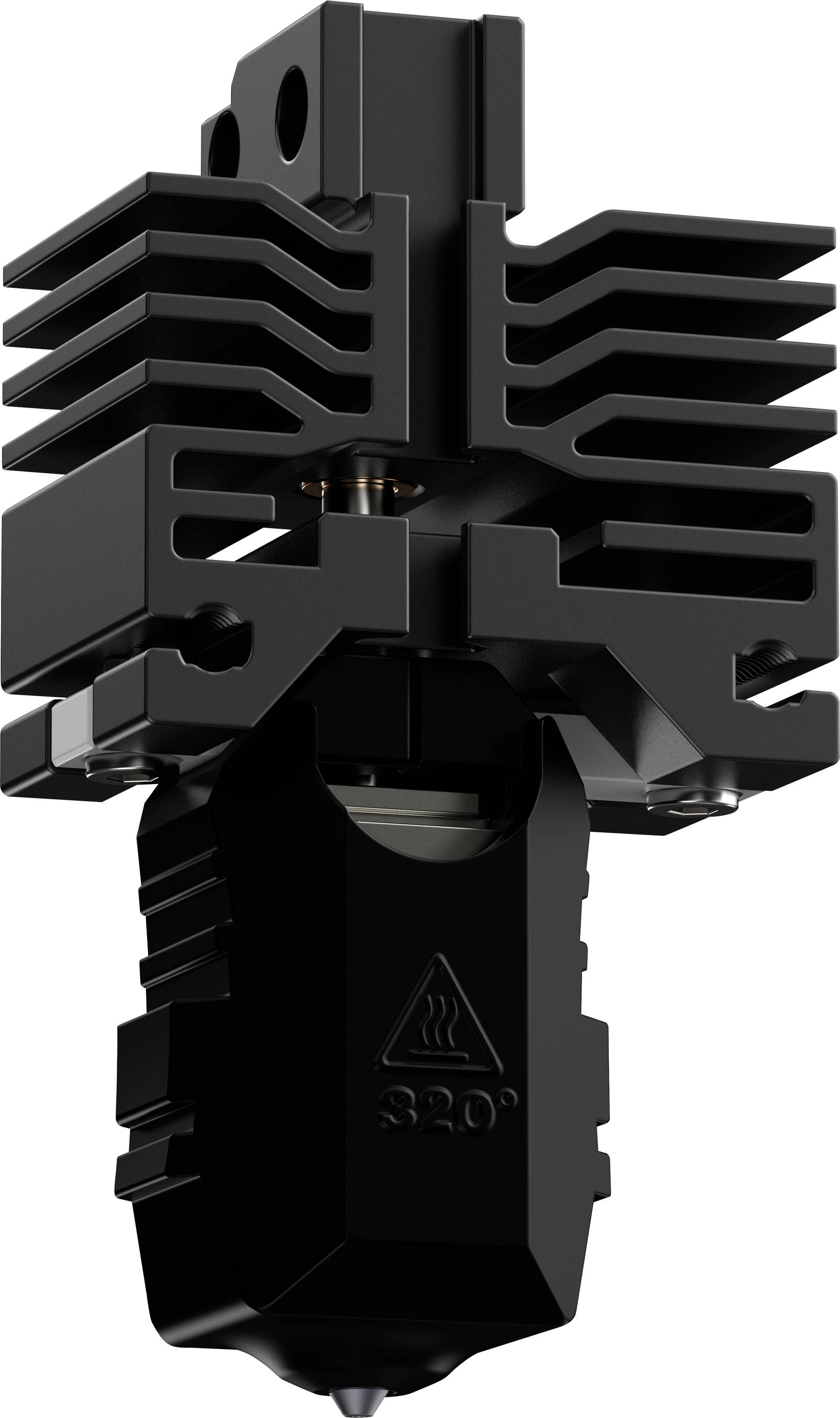 Eine schwarze 3D-Drucker-Hotend mit Kühlkörper-Lamellen und einer Düsenspitze. Es ist mit einem Warnschild versehen, das eine Temperatur von '320°' anzeigt.