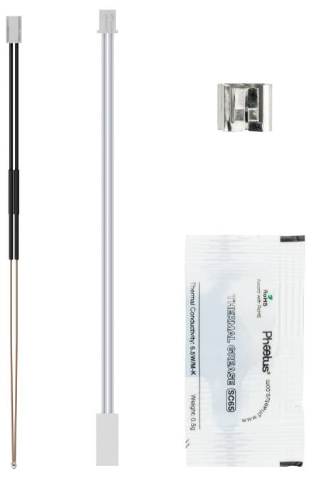 Das Set 'Slim NUC Thermostat-Kabel' enthält ein Kabel, eine Metallklammer und Wärmeleitpaste.