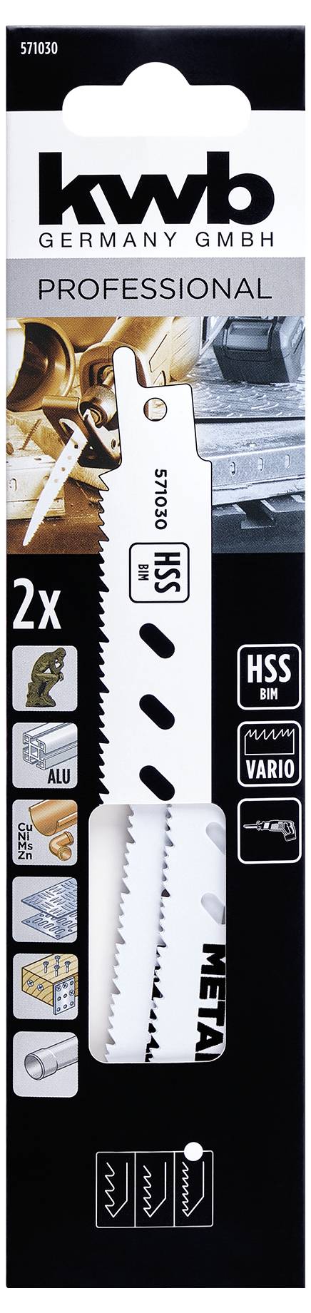 KWB Germany GmbH Profi-Stichsägeblätter Paket, enthält Bilder und Symbole für Holz-, Metall- und Aluminium-Anwendungen sowie Blattspezifikationen.