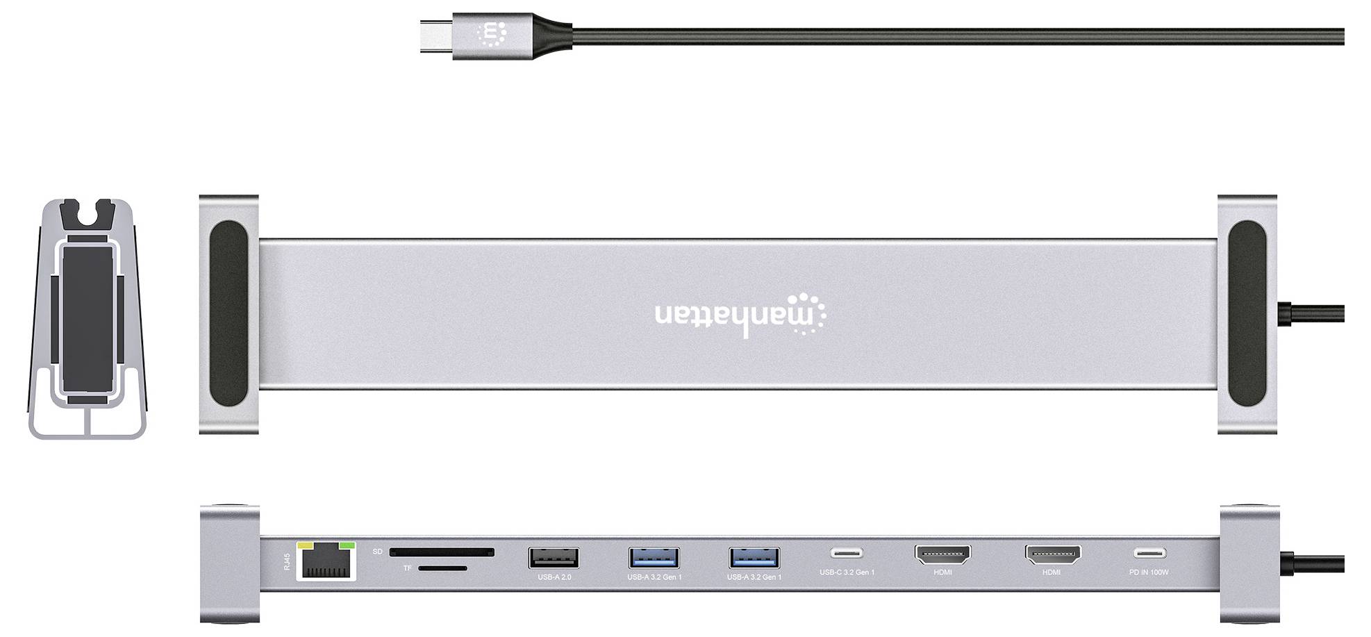 Andockstation 'Manhattan' mit USB-C-Anschluss, mehreren Anschlüssen einschließlich HDMI, USB, Ethernet und SD-Kartensteckplätzen; schlankes, metallisches Design.