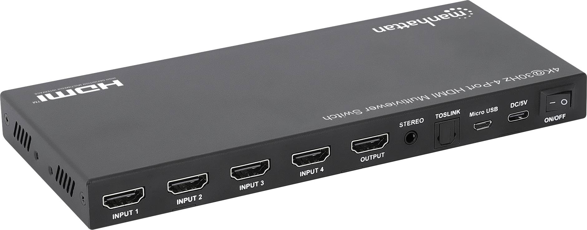 Manhattan HDMI-Switch Metallgehäuse, mit Fernbedienung, Multi-View-Modus, Rackmontage möglich, Ultra HD-fähig, USB-C® PD