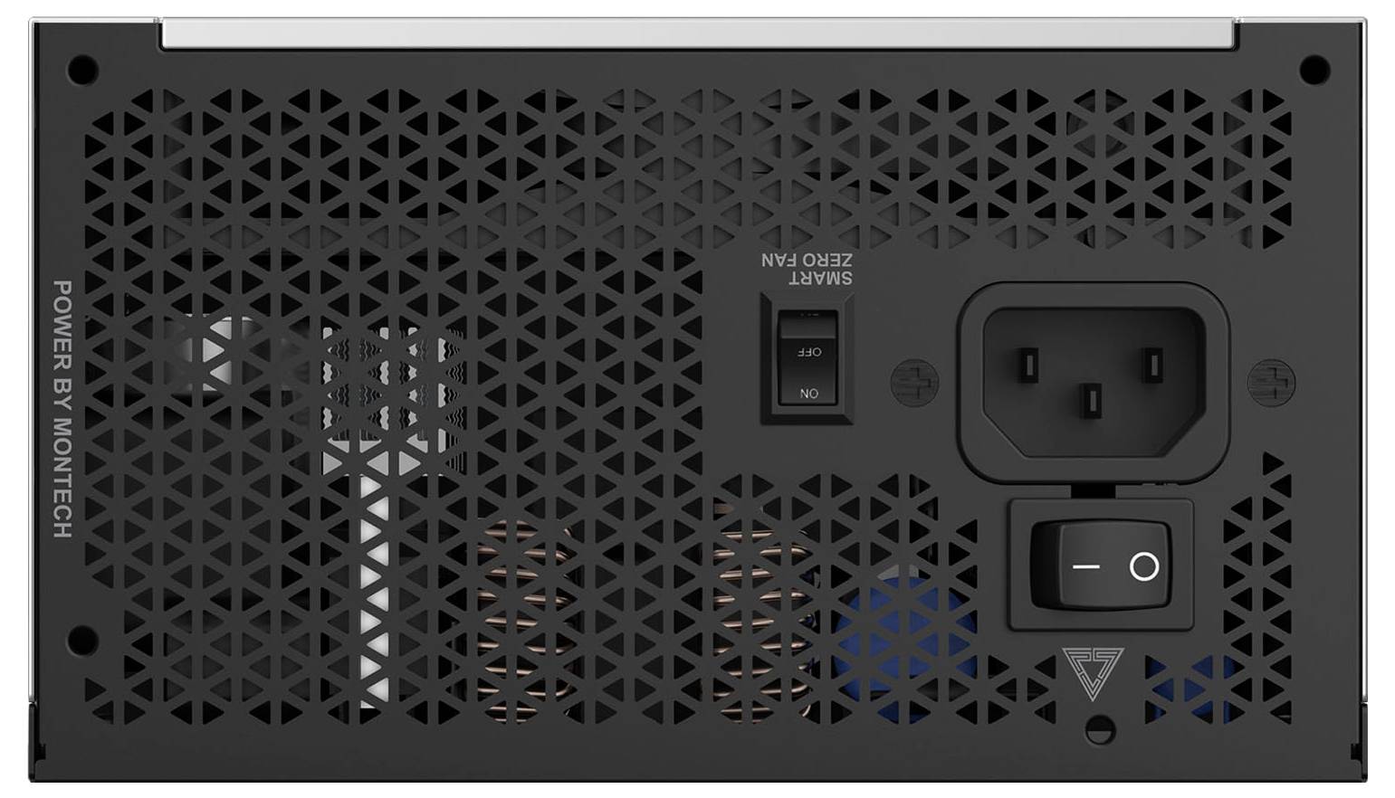 Rückansicht eines Computernetzteils mit Netzschalter, Lüfterschalter mit der Aufschrift „SMART ZERO FAN