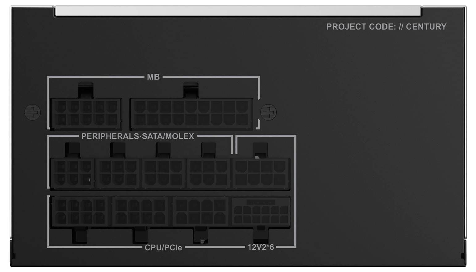 Rückseite eines Netzteils mit beschrifteten Anschlüssen für MB, Peripheriegeräte-SATA/Molex, CPU/PCIe und 12V2.6.