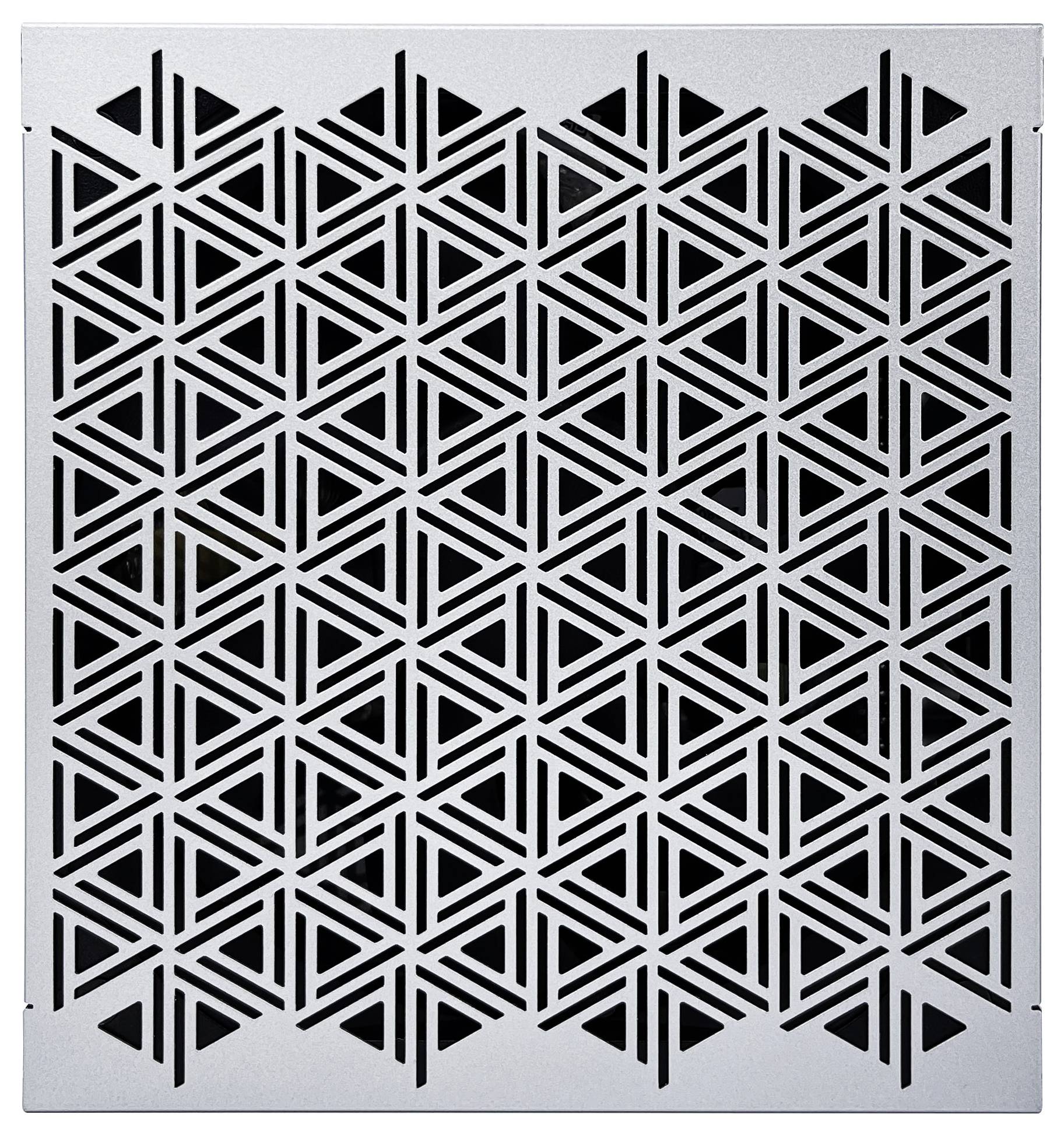Metallpaneel mit einem sich wiederholenden geometrischen Muster aus verschachtelten Dreiecken, das ein komplexes, symmetrisches Gitterdesign erzeugt.