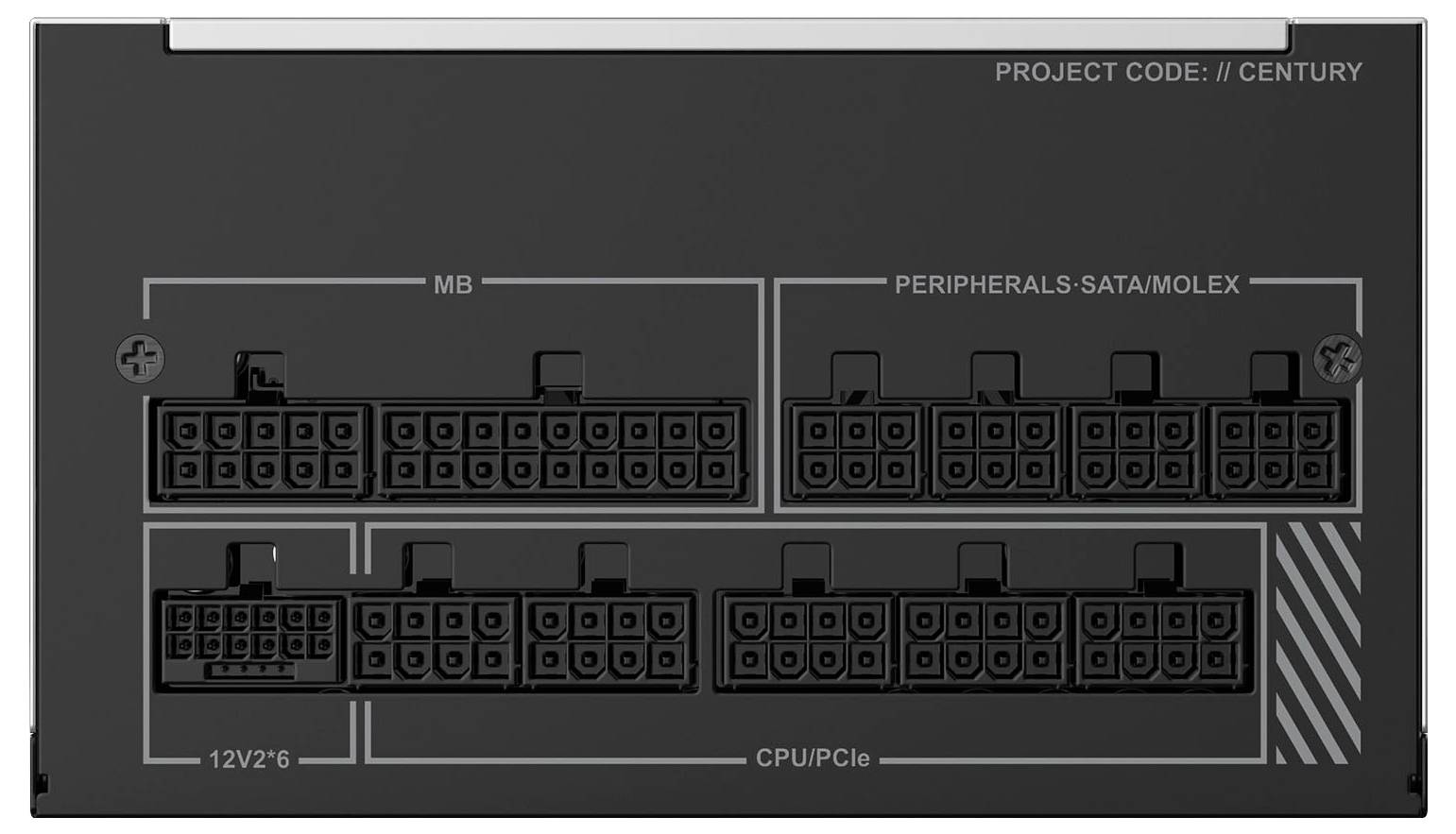 Ein Netzteil eines Computers mit beschrifteten Anschlüssen für Mainboard (MB), Peripheriegeräte (SATA/MOLEX) und CPU/PCIe-Anschlüssen.