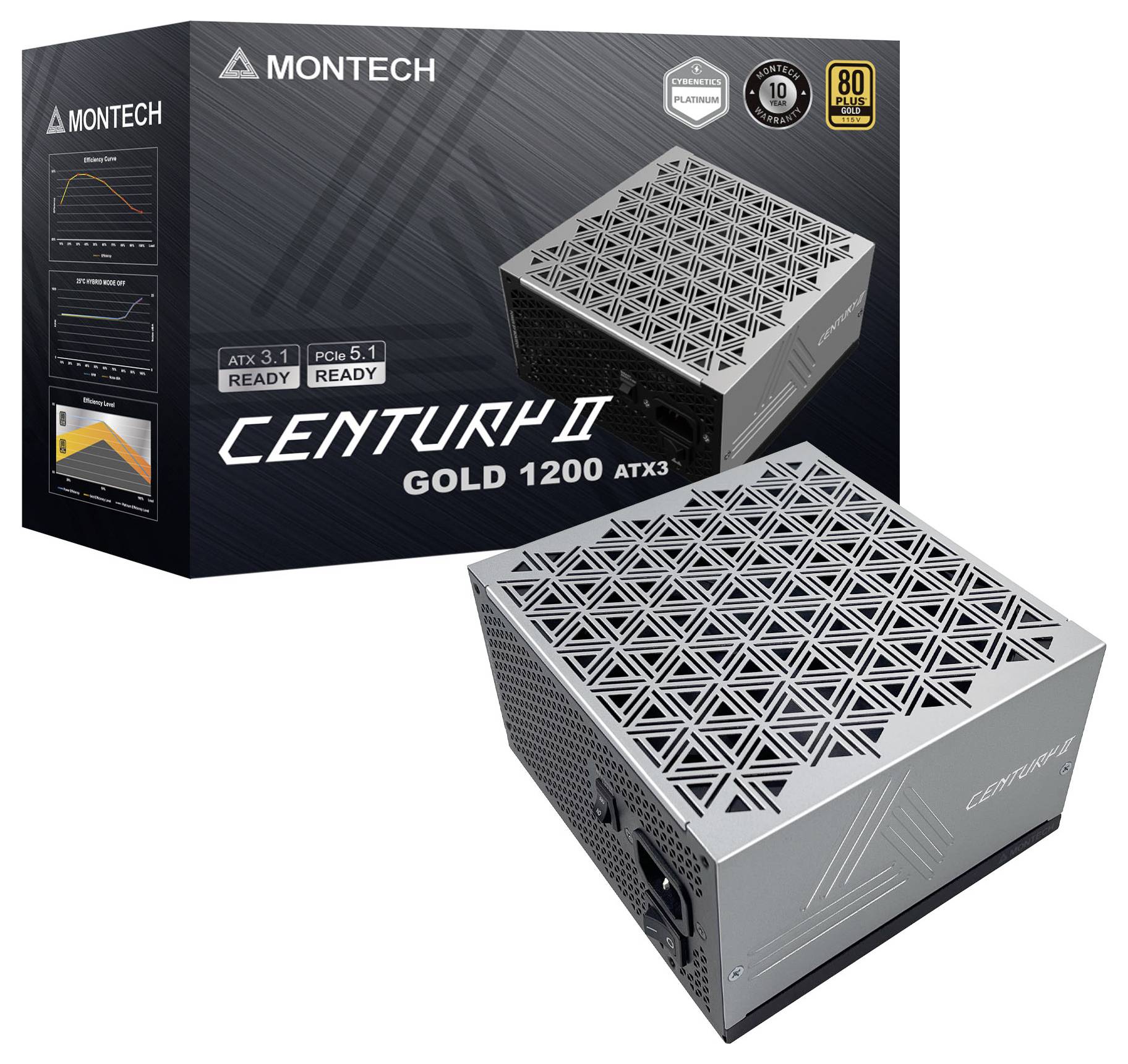 Verpackung und Netzteil des 'Montech Century II Gold 1200 ATX3', die Zertifizierungsabzeichen und Effizienzgrafik auf der Verpackung zeigend.