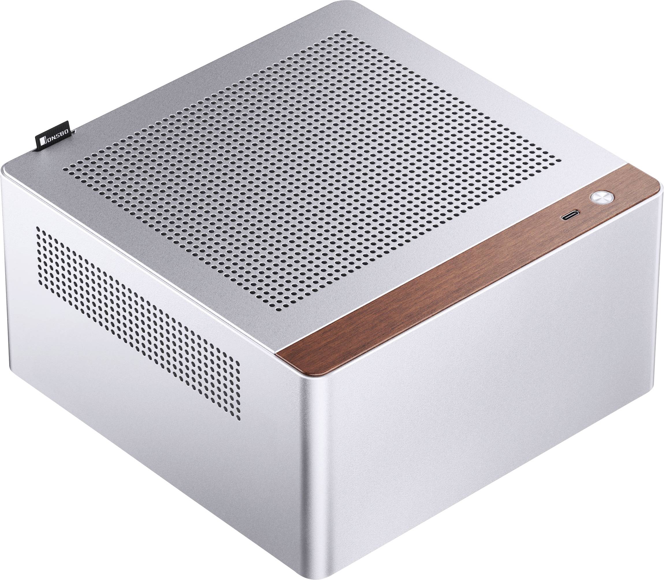 Ein kompaktes, rechteckiges, silbernes Computergehäuse mit Belüftungslöchern und einer Holzdekorblende an der Front, konzipiert für Builds mit kleinem Formfaktor.