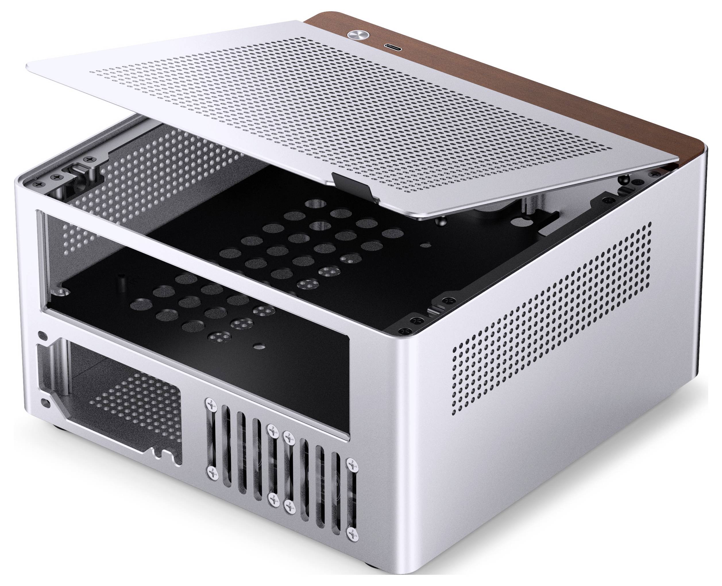 Ein offenes Metallgehäuse für Computer mit perforierten Seitenpanels, das Steckplätze für Komponenten und eine herausnehmbare Seitenwand zeigt.