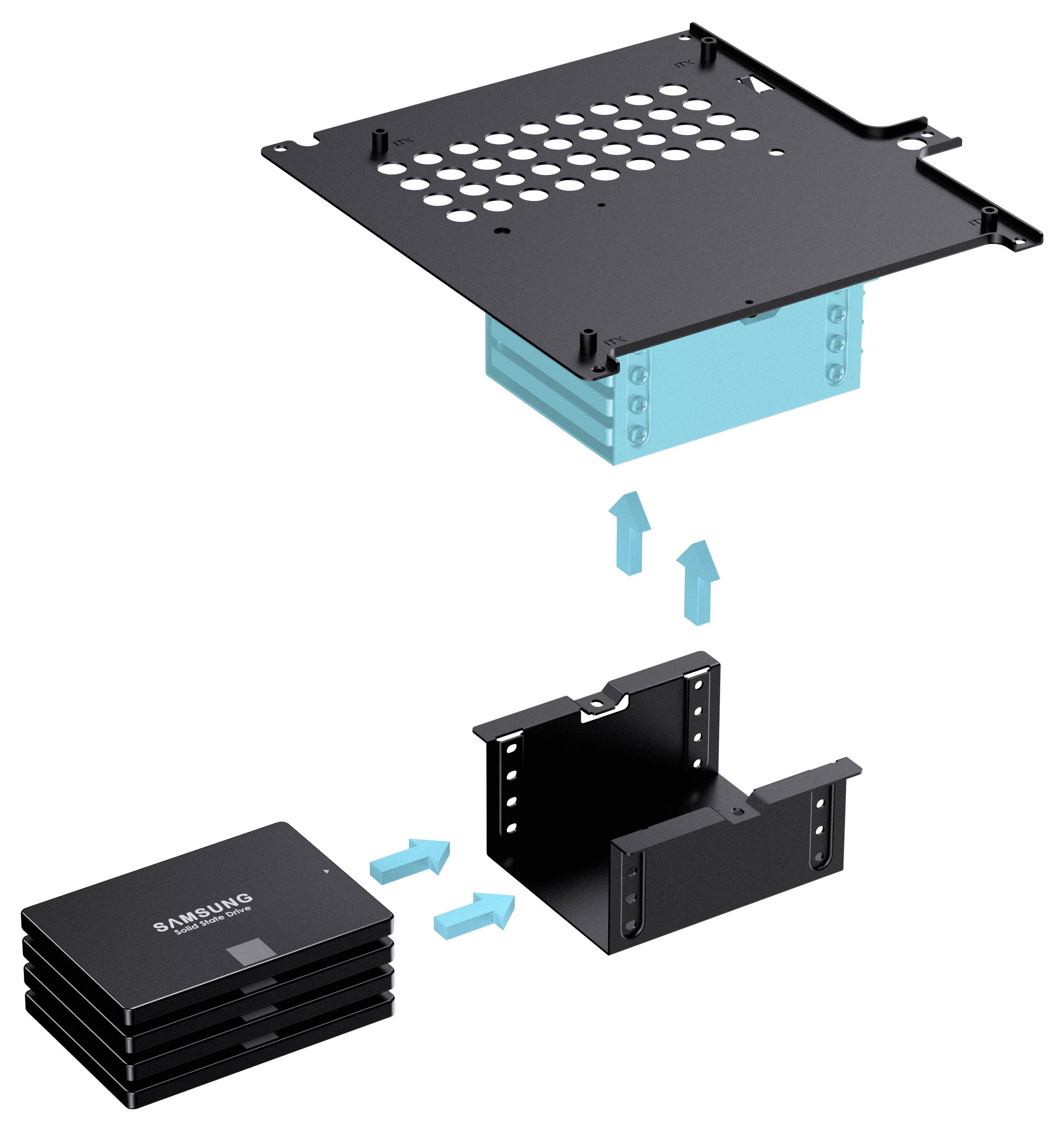 Diagramm, das die Montage eines Befestigungshalters und von SSDs zeigt. Pfeile weisen auf die Platzierung von vier SSDs in einem Käfig und anschließende Befestigung an einer Halterung hin.