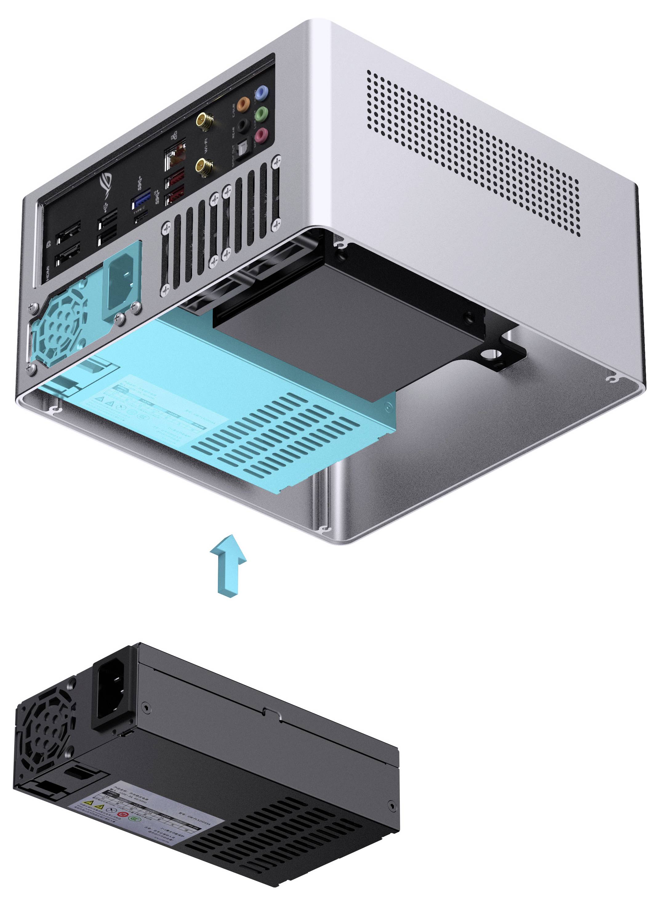 Ein kleines, silbernes Computergehäuse wird gezeigt, mit einem Pfeil, der ein herausnehmbares Netzteil am unteren Rand anzeigt.