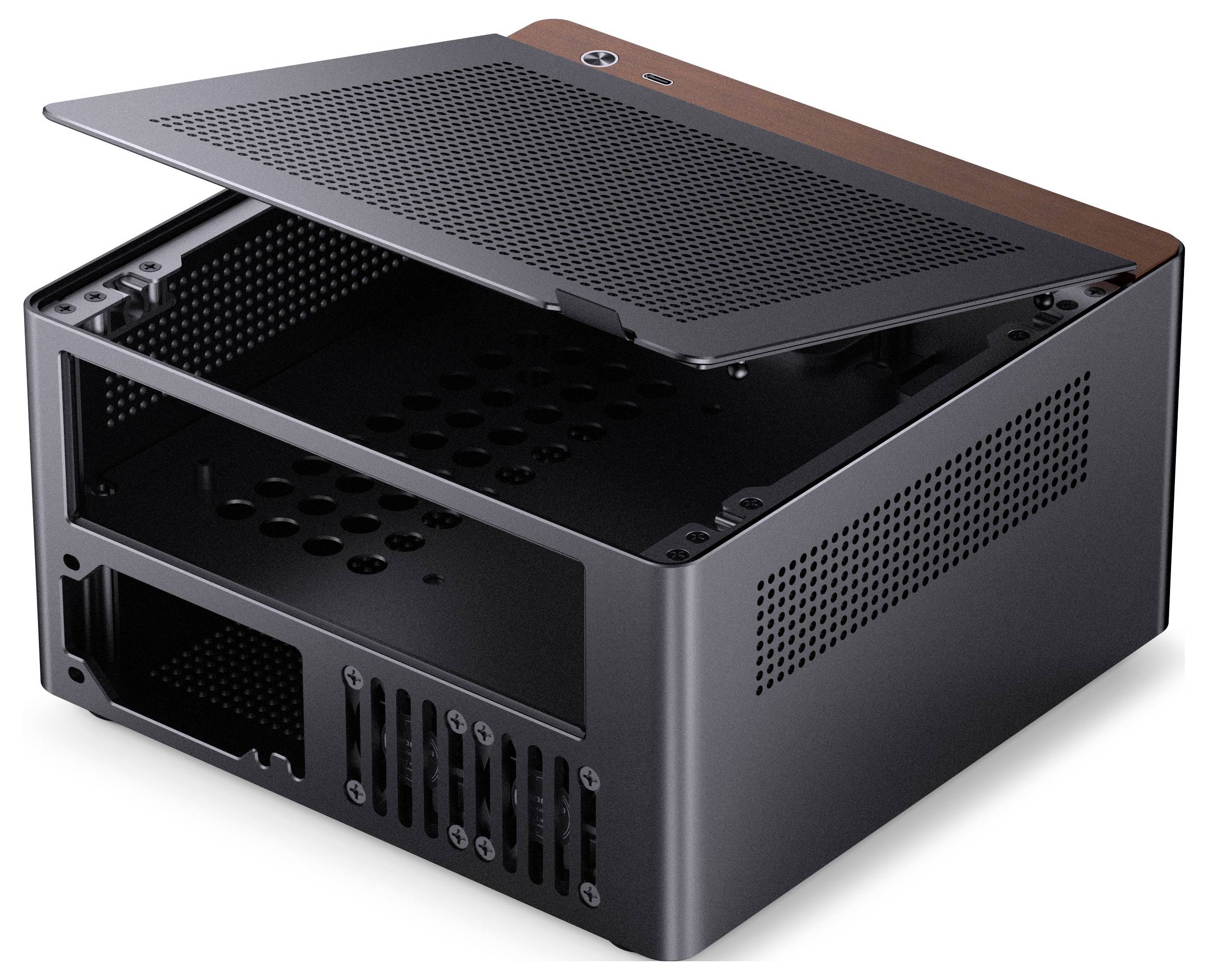 Ein kompaktes, offenes Computergehäuse mit einer gelochten Abdeckung, das leere Steckplätze für Hardwarekomponenten und Belüftungsöffnungen zeigt.