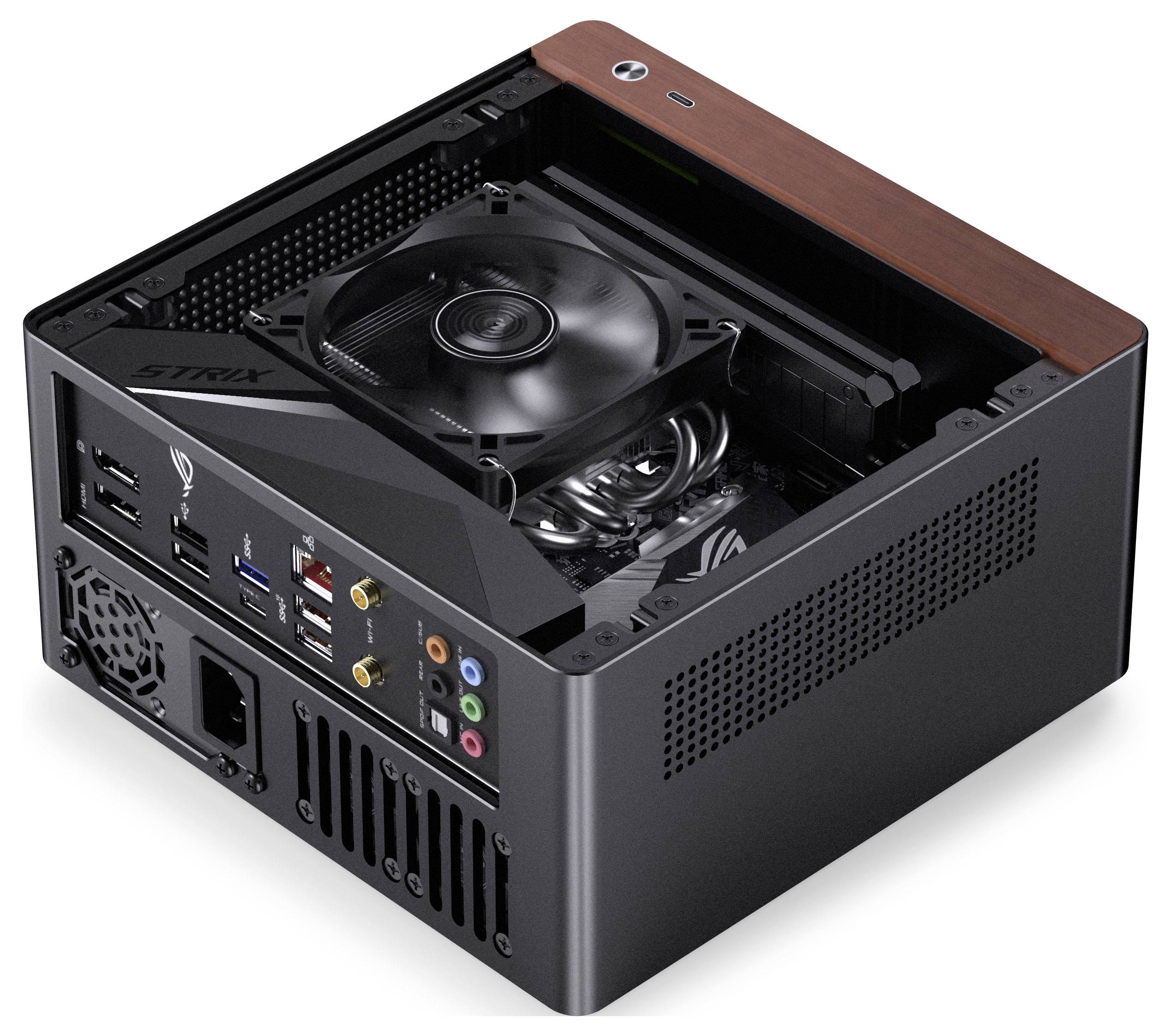 Ein kompaktes schwarzes Computergehäuse mit einem oben montierten Kühlventilator, mehreren Anschlüssen auf der Rückseite einschließlich USB und Audioeingängen sowie einem sichtbaren Mainboard.