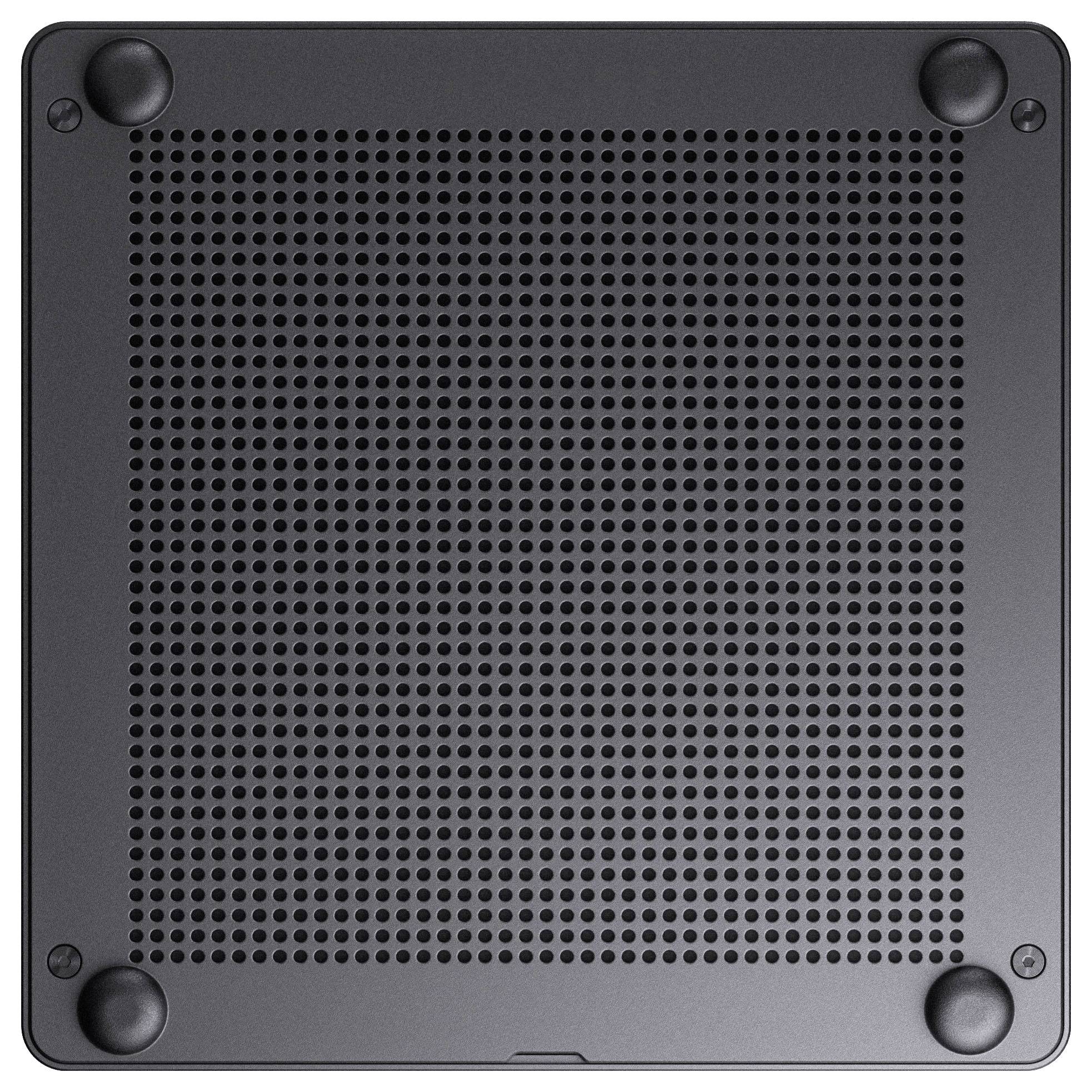 Das Bild zeigt die Unterseite eines Laptops mit vier abgerundeten Füßen und einem Raster aus Belüftungslöchern zur Kühlung.