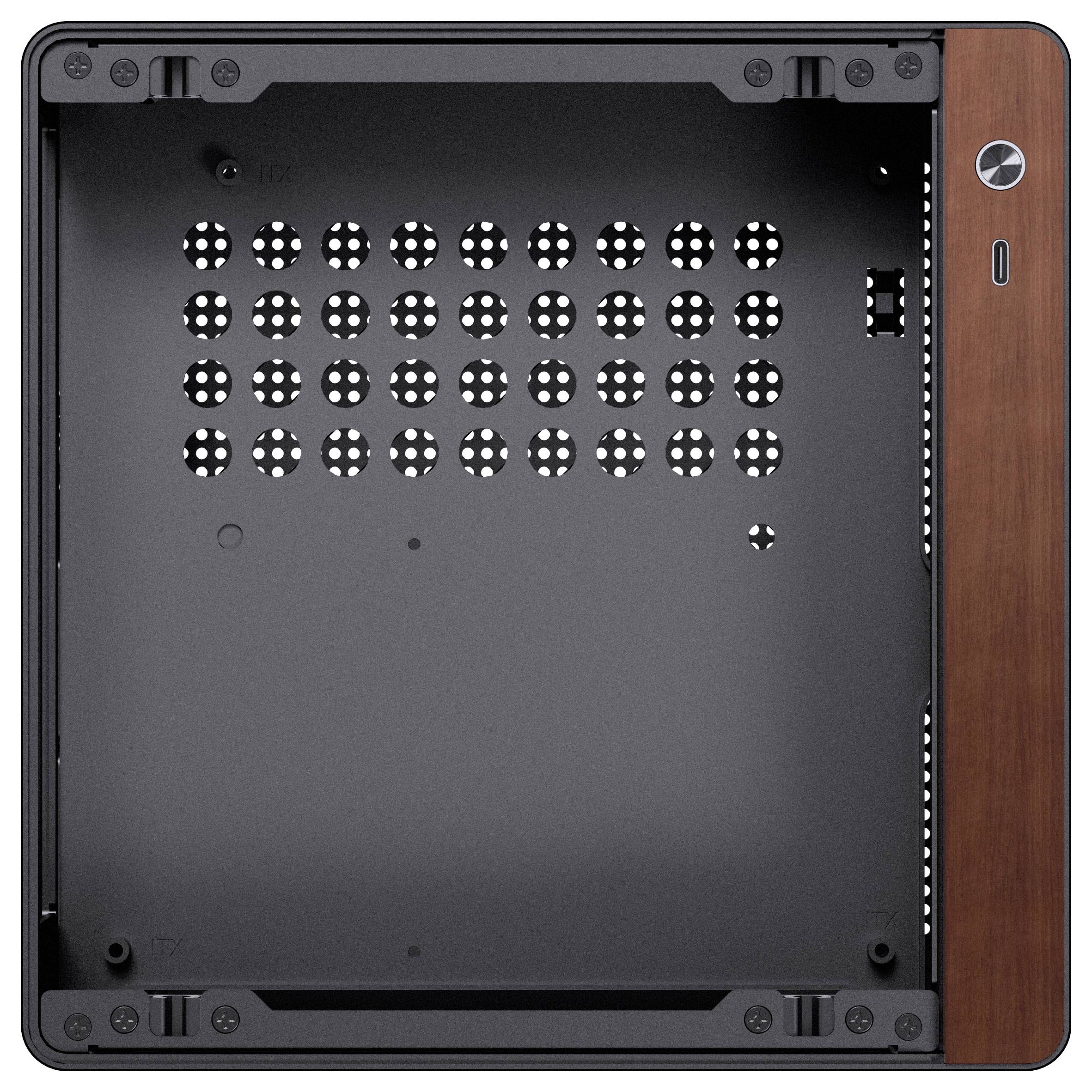 Ein quadratisches Metallcomputergehäuse mit einer Holzseitenwand, mehreren Belüftungslöchern und einem Einschaltknopf auf der rechten Seite.