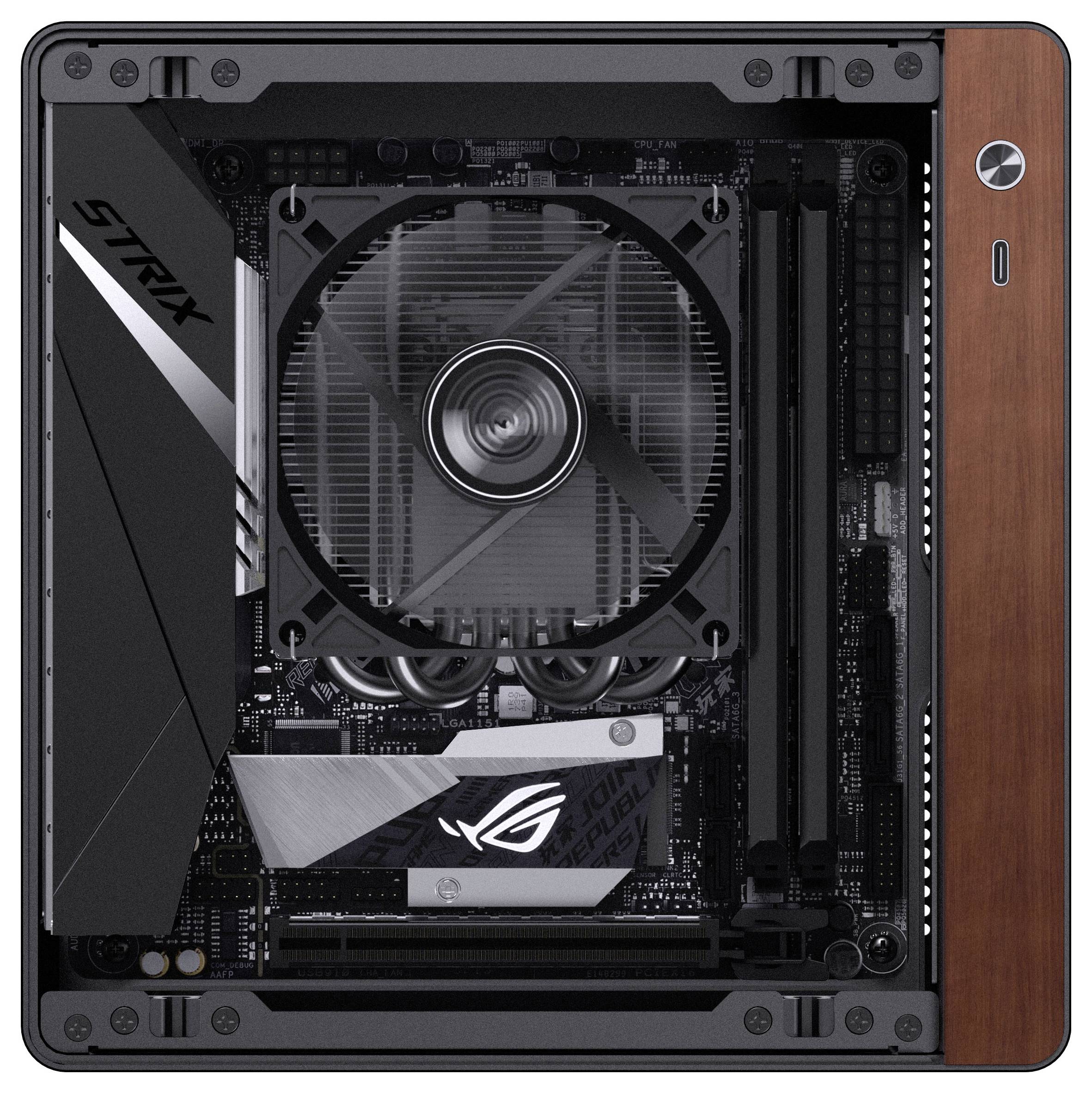 Eine kompakte Computerplatine mit einem großen Lüfter in der Mitte, RAM-Steckplätzen rechts und verschiedenen Komponenten, die ein schlankes Design aufweist.