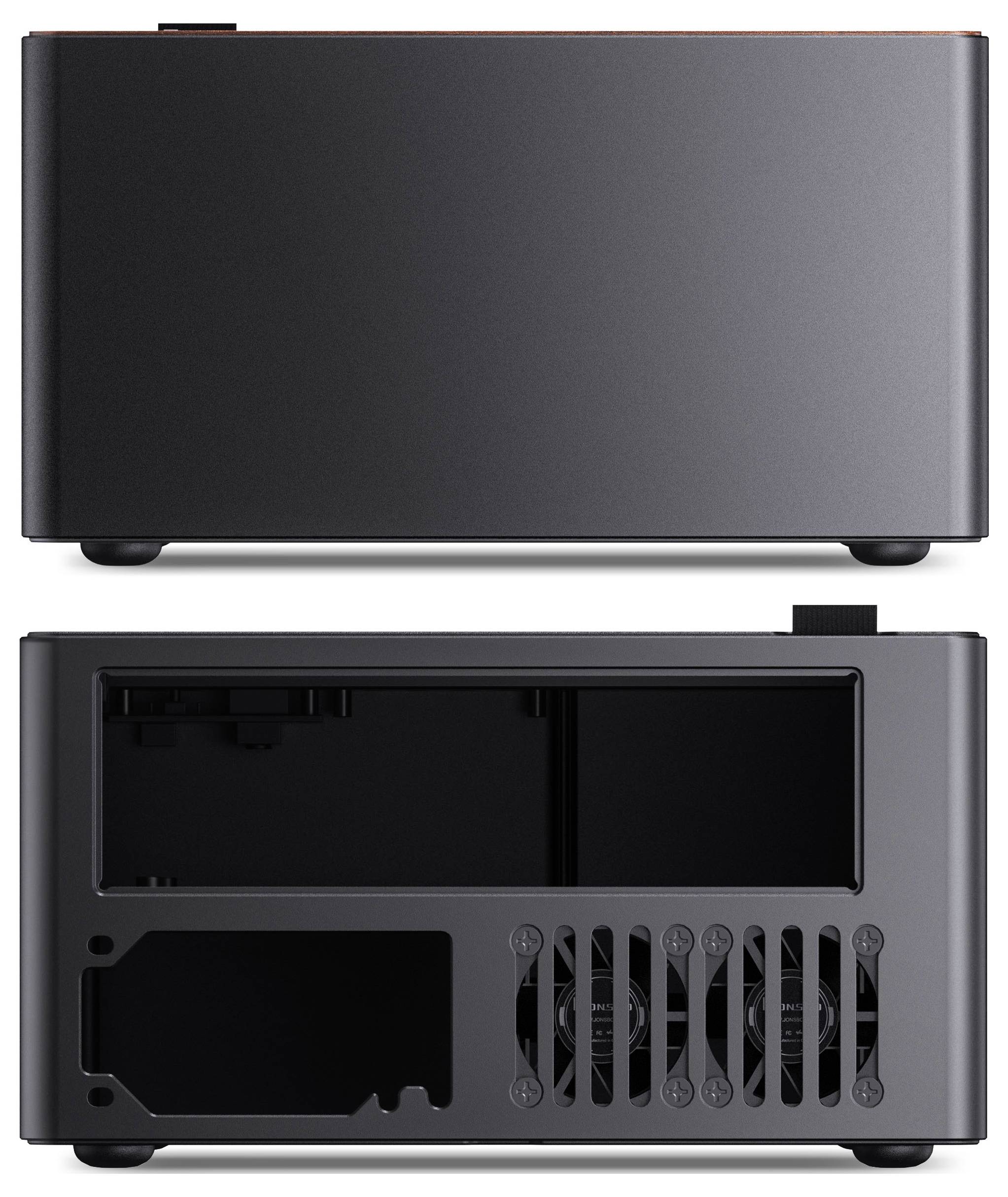 Ein schwarzes Computergehäuse, von vorne und hinten gezeigt. Die Vorderseite ist geschlossen mit einer glatten Oberfläche. Die Rückseite zeigt Lüftungslöcher und Komponentensteckplätze.