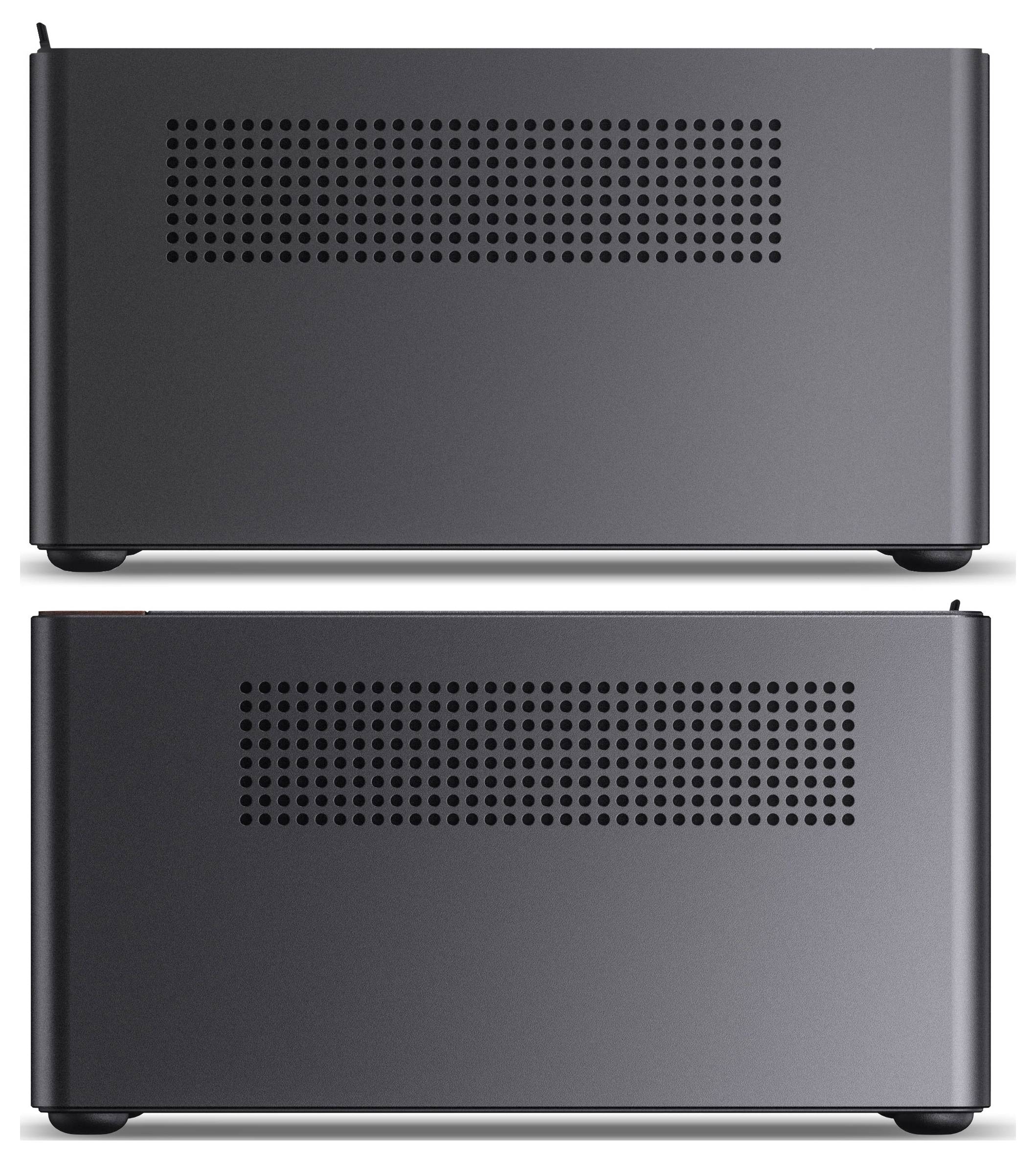 Zwei Seitenansichten eines schlanken, kompakten Computergehäuses mit gelochten Belüftungspanels im oberen Bereich. Das Design ist minimalistisch.