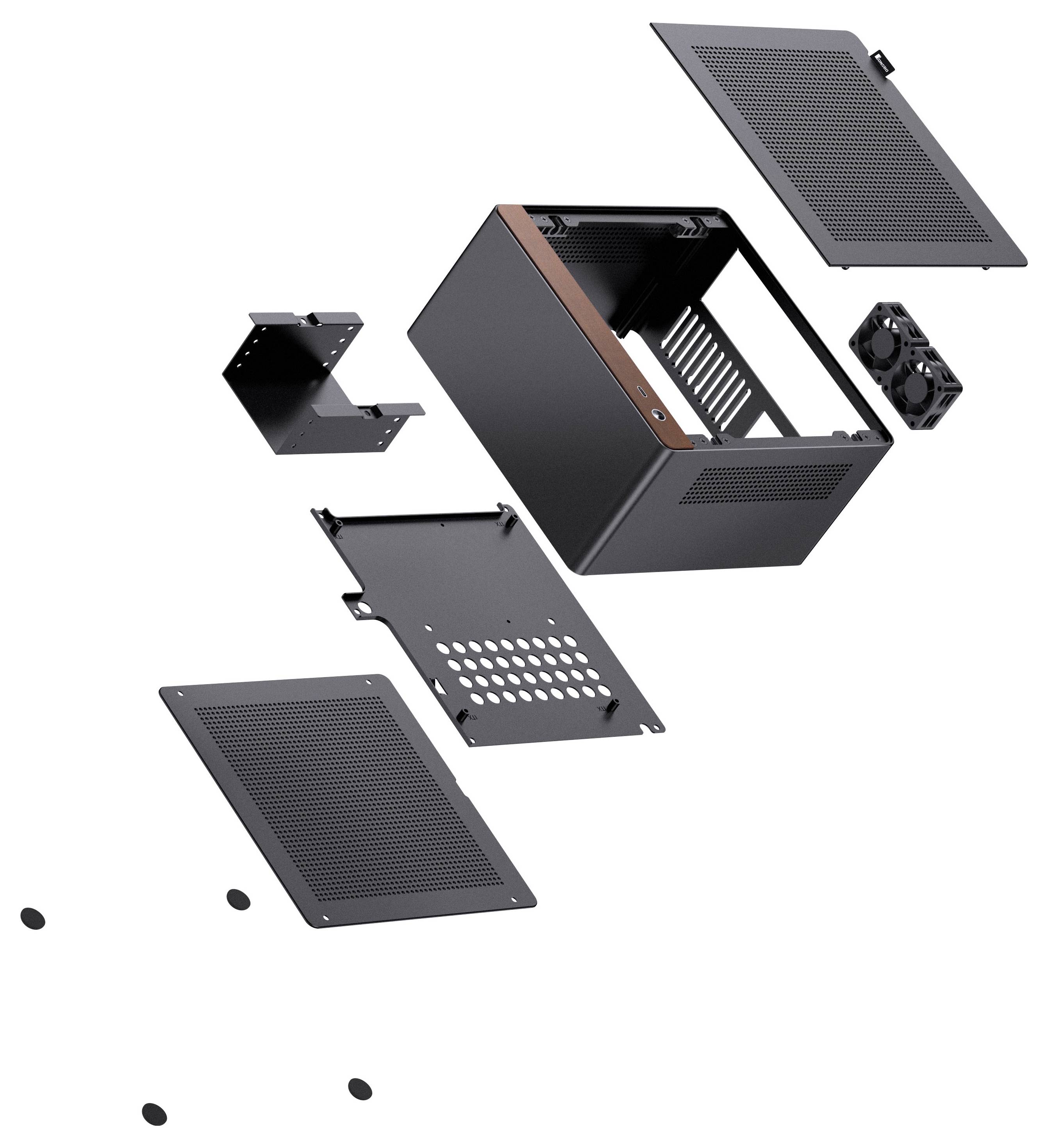 Explosionszeichnung eines Computergehäuses mit separaten Komponenten: obere und untere Panels, Seitenpanels, Lüfter und interner Rahmen.