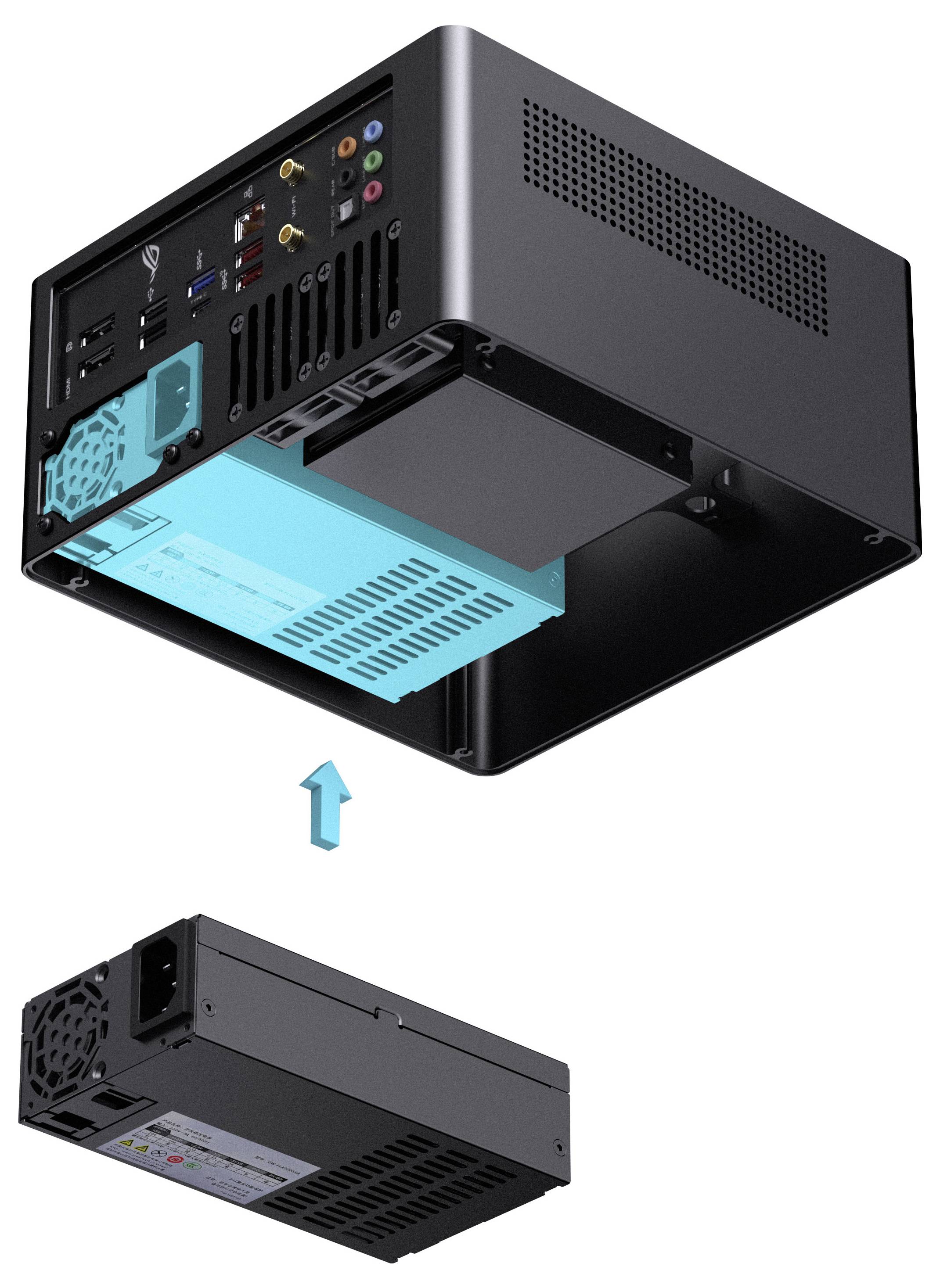 Ein kleines schwarzes Computergehäuse mit offener Unterseite, das einen blau hervorgehobenen Steckplatz zeigt und eine schwarze Stromversorgungseinheit, die darunter entfernt wurde, mit einem aufwärts gerichteten Pfeil.