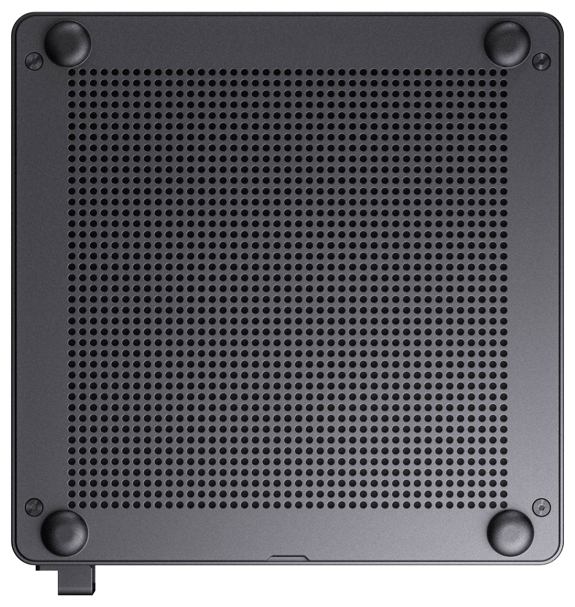 Ein quadratisches Panel mit einem Raster aus Lüftungslöchern und vier Gummifüßen, möglicherweise der Boden eines elektronischen Geräts oder Computers.