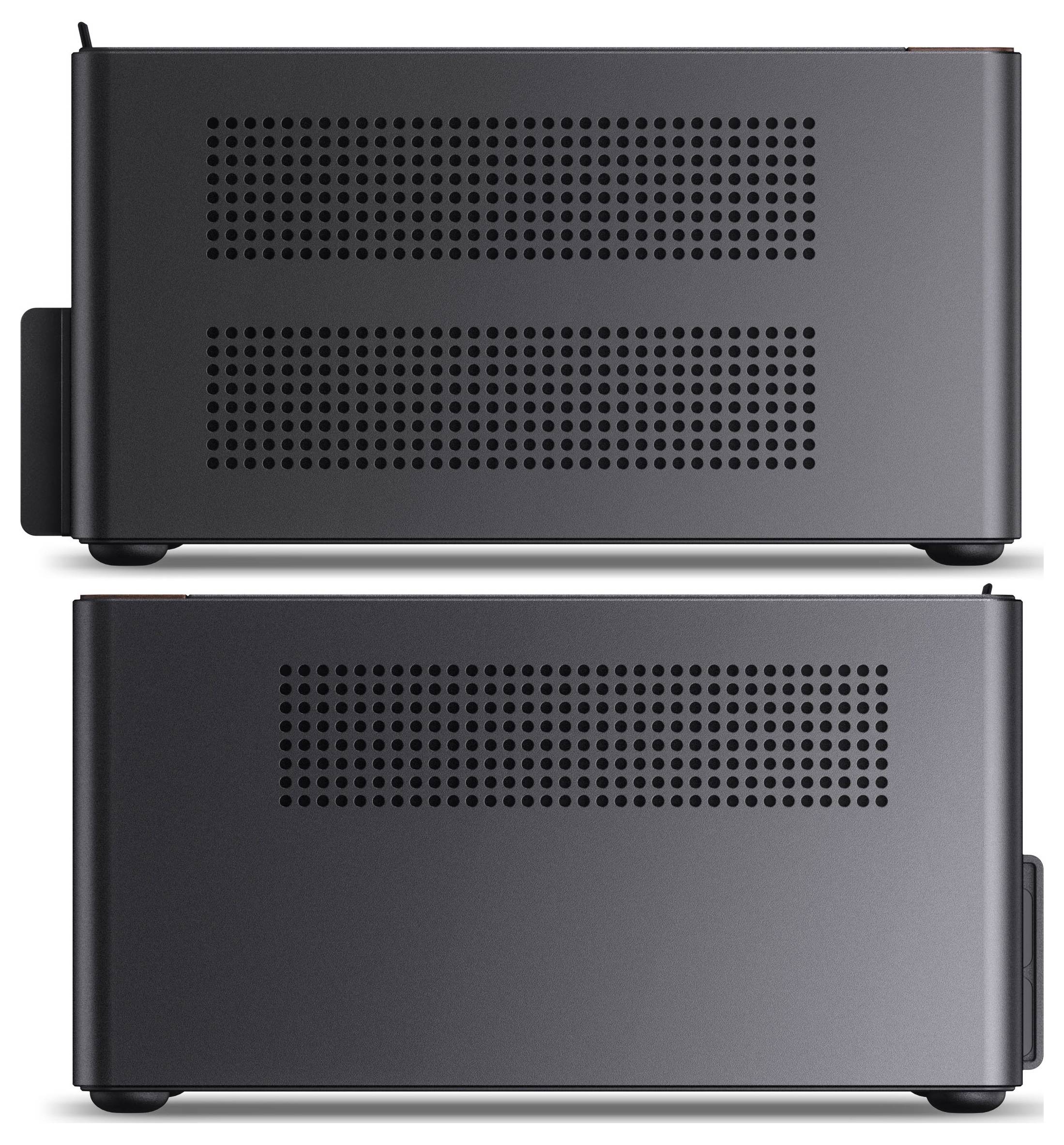 Seitenansicht von zwei schwarzen Computergehäusen mit Lüftungslöchern, eines auf dem anderen gestapelt, mit leichten Designunterschieden.