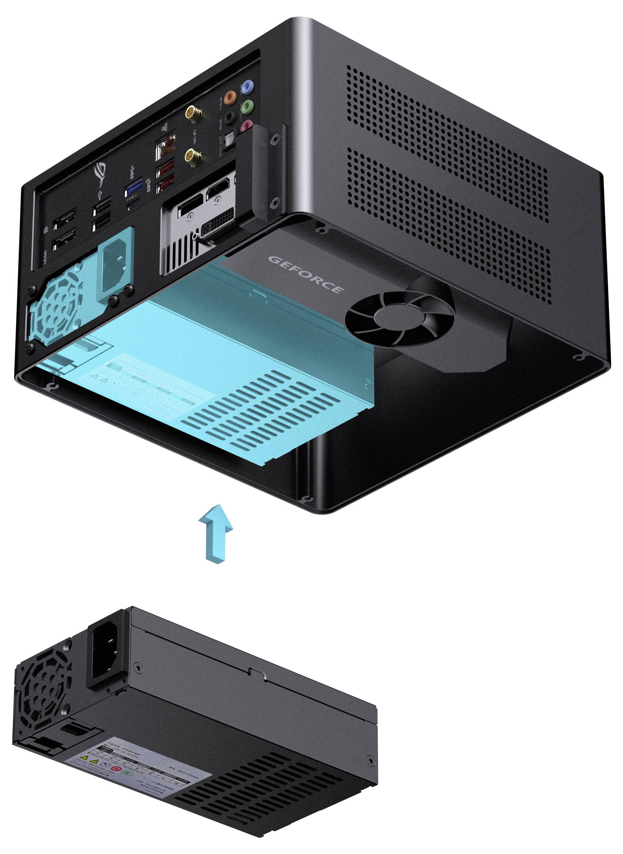 Darstellung einer Computer-GPU, die durch Herausgleiten aus einem Gehäuse entfernt wird. Ein Pfeil zeigt die Richtung der Entfernung.