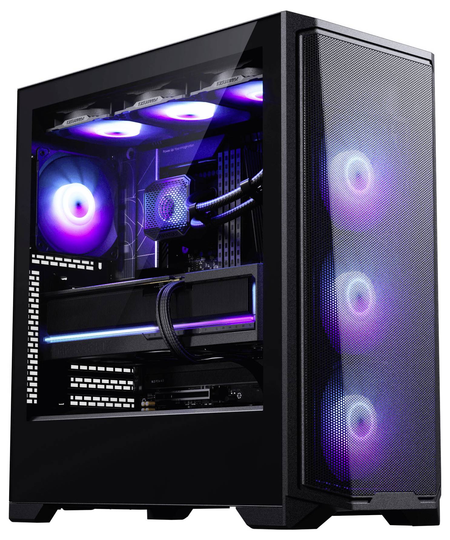 Ein schwarzer Computertower mit transparentem Seitenpanel, der RGB-Beleuchtung an Lüftern und Komponenten im Inneren offenbart.