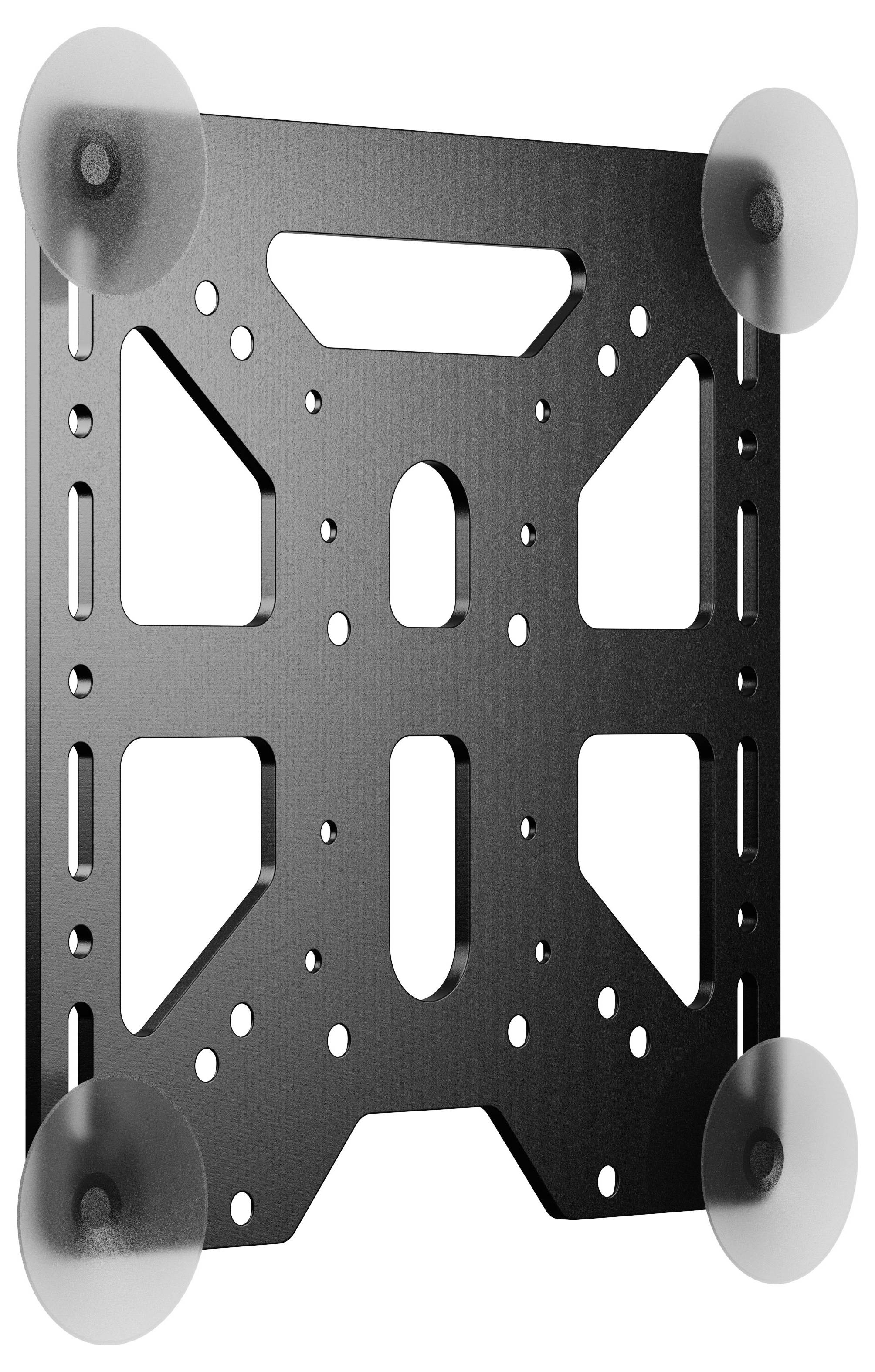 Eine schwarze, metallene Wandhalterung mit mehreren gebohrten Löchern und vier kreisrunden Saugnapfhalterungen an jeder Ecke zum sicheren Befestigen von Gegenständen.