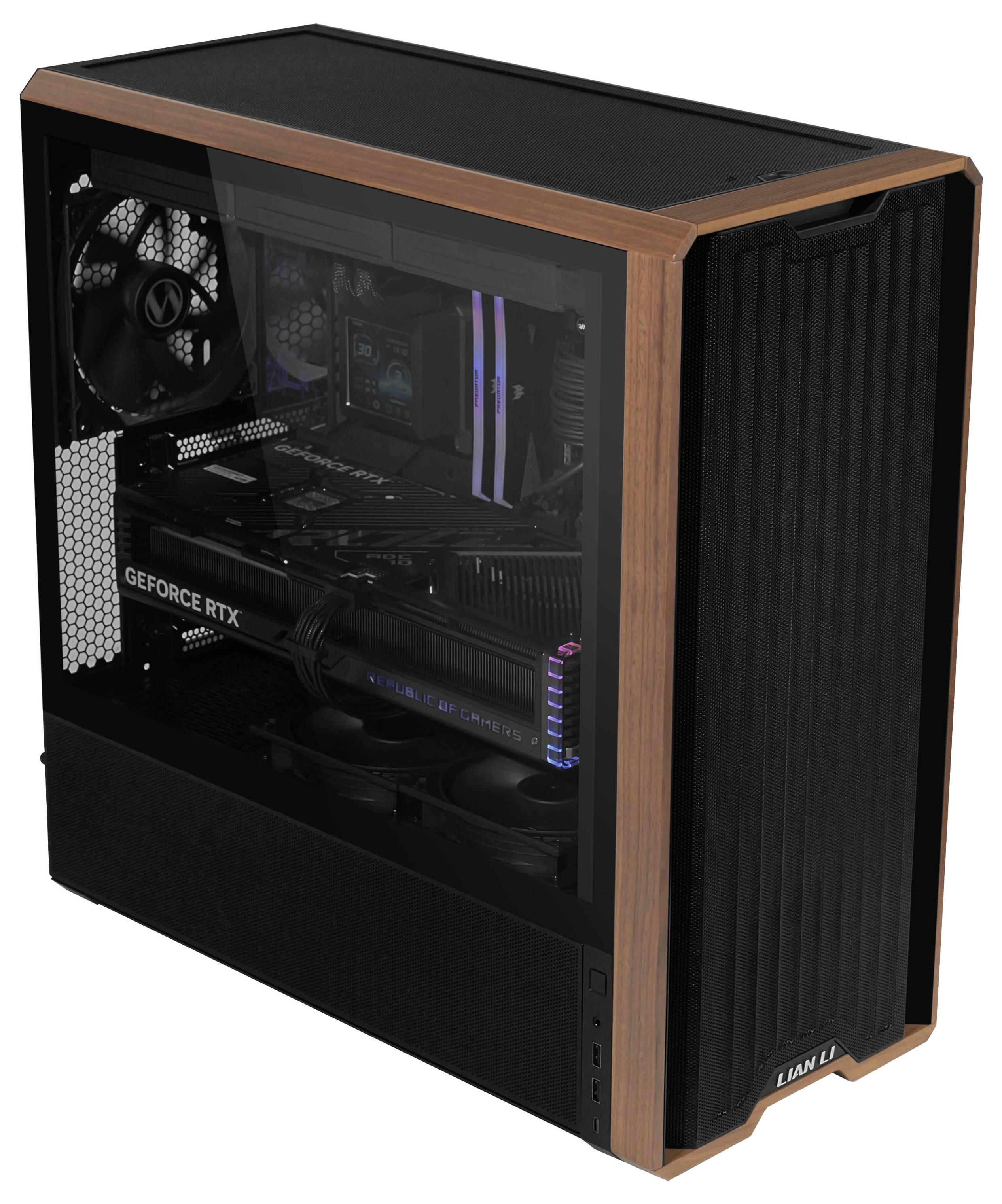 Ein Gaming-PC mit transparentem Seitenpanel, das die Innenkomponenten präsentiert, darunter ein Kühlventilator, eine Grafikkarte mit der Bezeichnung 'GEFORCE RTX' und RGB-Beleuchtung.