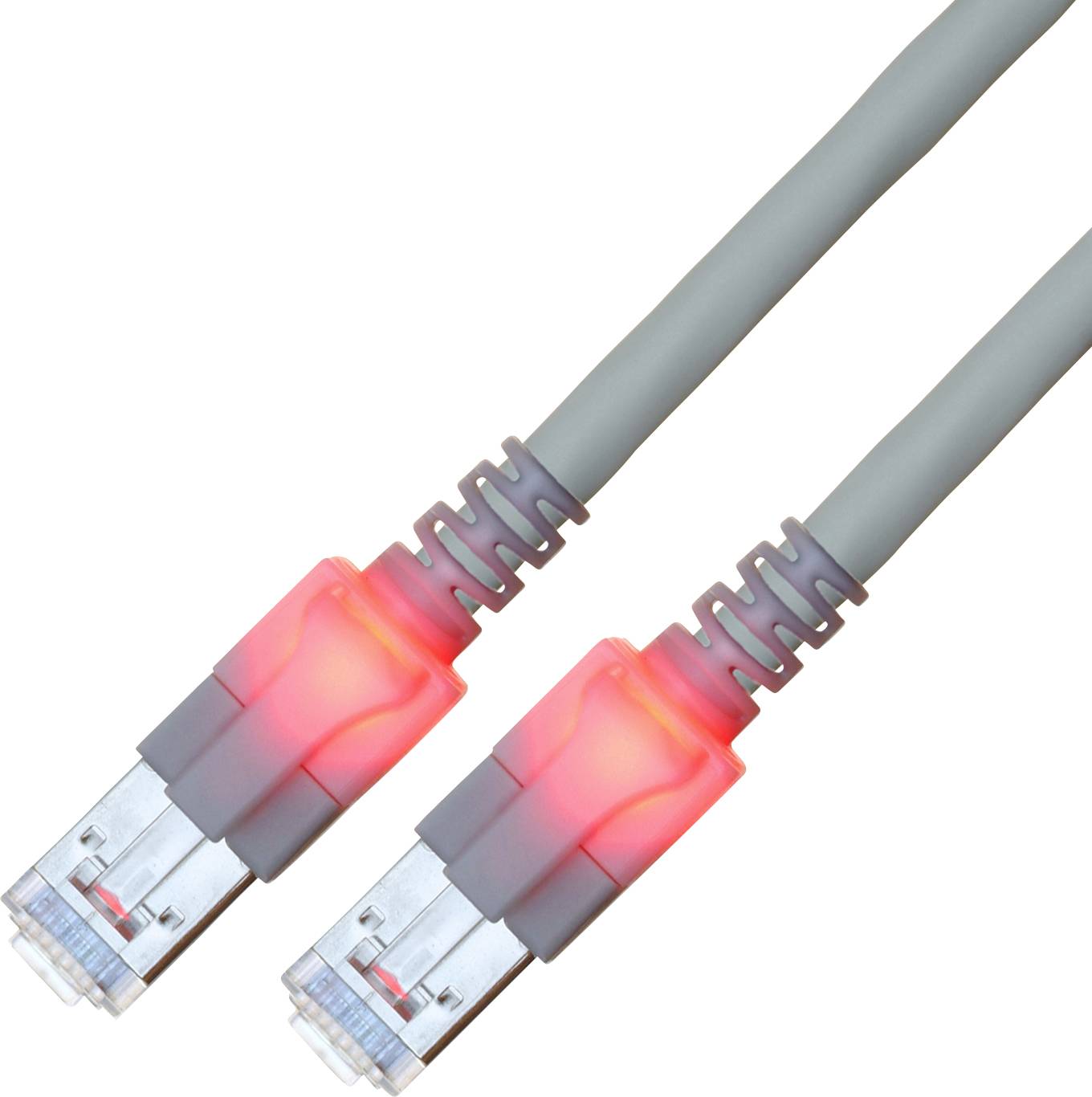 Zwei graue Netzwerkkabel mit leuchtend roten Steckern, die eine aktive Datenübertragung oder einen Betriebsstatus anzeigen.