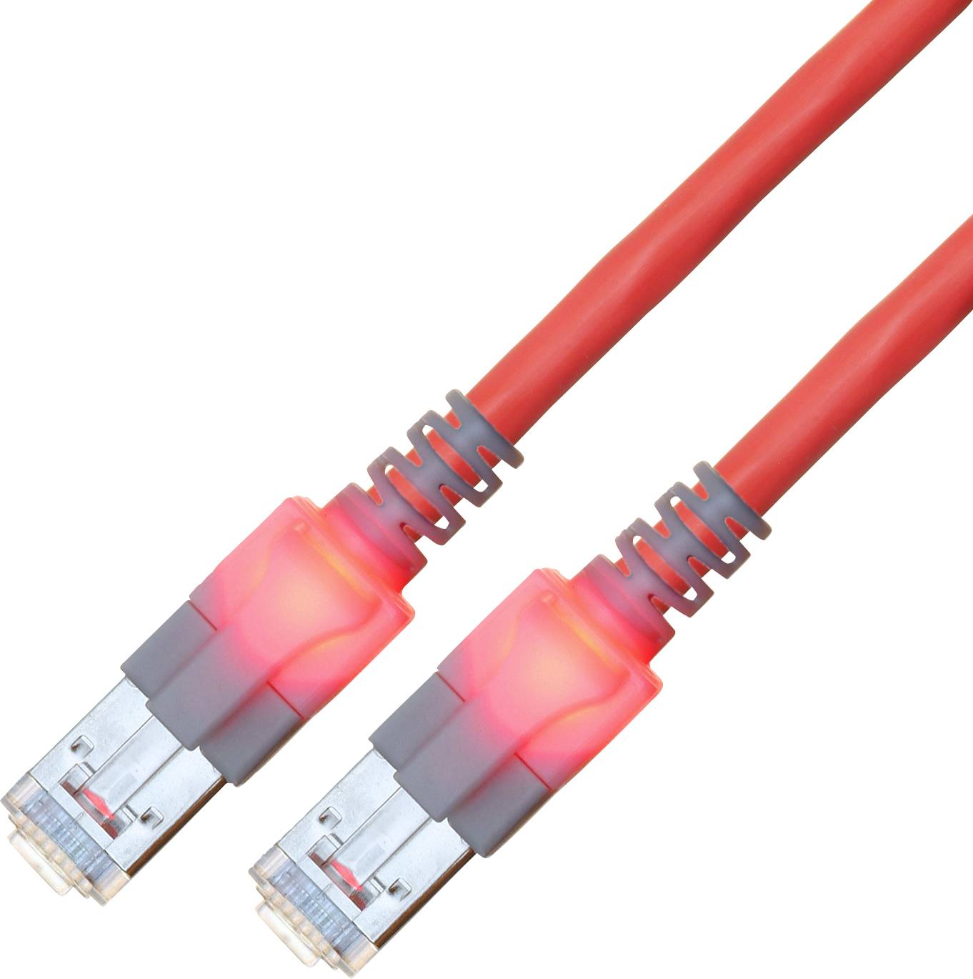 Zwei rote Ethernet-Kabel mit leuchtenden LED-Lichtern, die Konnektivität und Datenübertragung veranschaulichen.