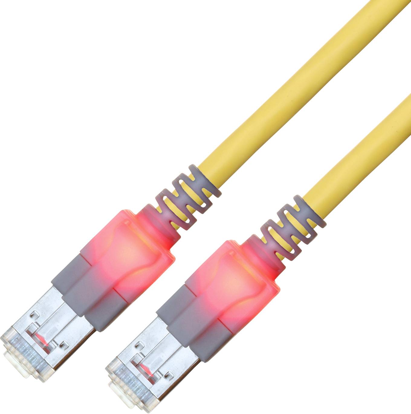 Zwei gelbe Ethernet-Kabel mit rot leuchtenden Anschlüssen, die einen aktiven Datentransfer oder eine aktive Verbindung anzeigen.