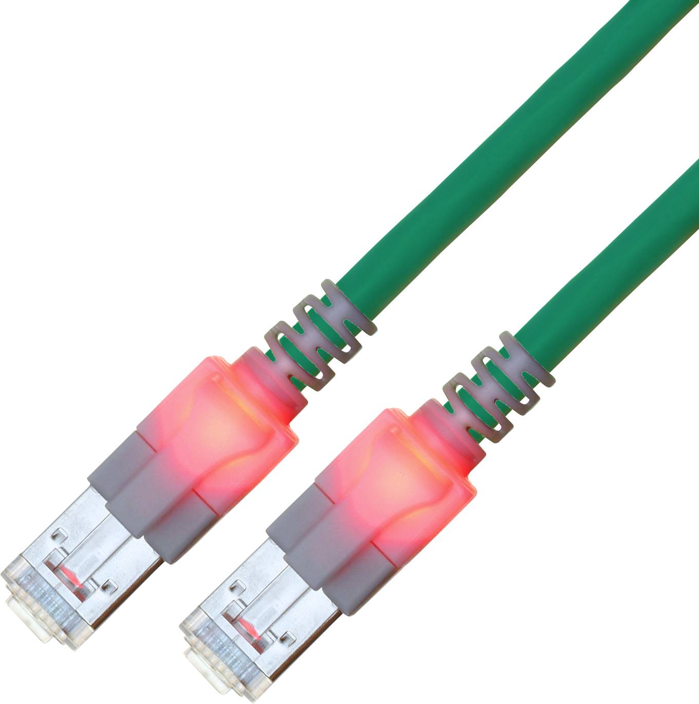 Zwei grüne Ethernet-Kabel mit rot leuchtenden Steckern an den Enden, die eine Datenübertragung oder Netzwerkaktivität anzeigen.