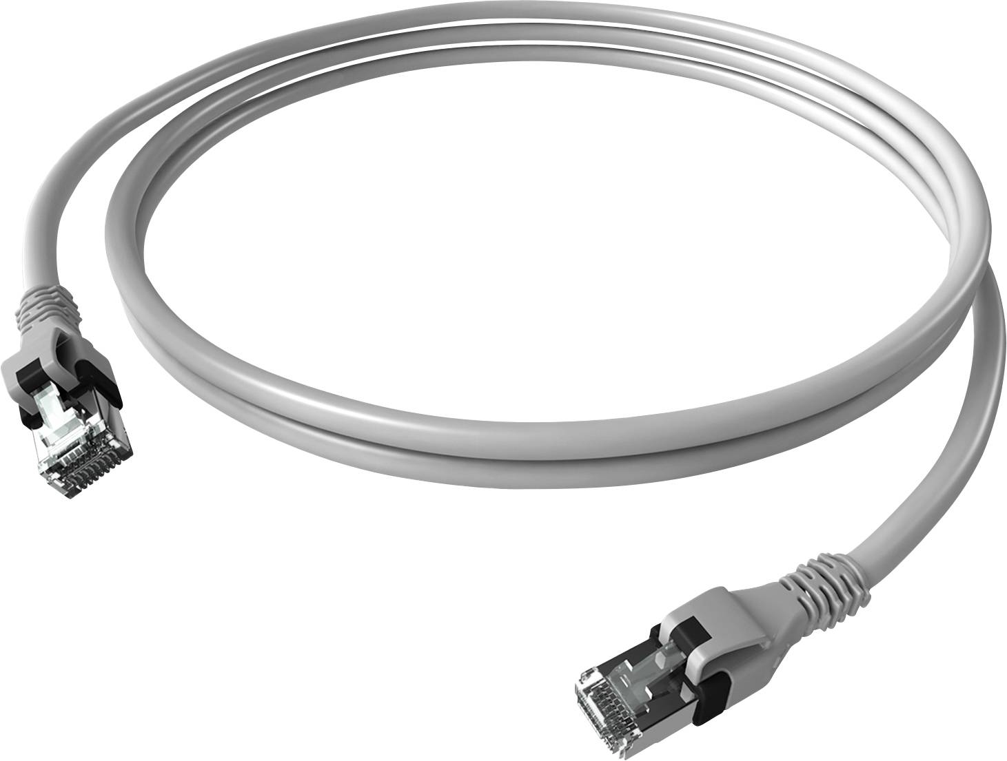 Ein weißes Ethernet-Kabel mit Anschlüssen an beiden Enden, das zu einer kreisförmigen Schleife gewickelt ist und zur Netzwerkverbindung verwendet wird.