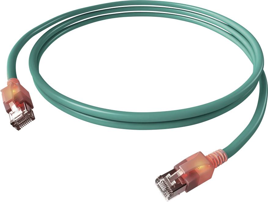 Ein türkisfarbenes Ethernet-Kabel mit rotgetönten Steckern an beiden Enden.