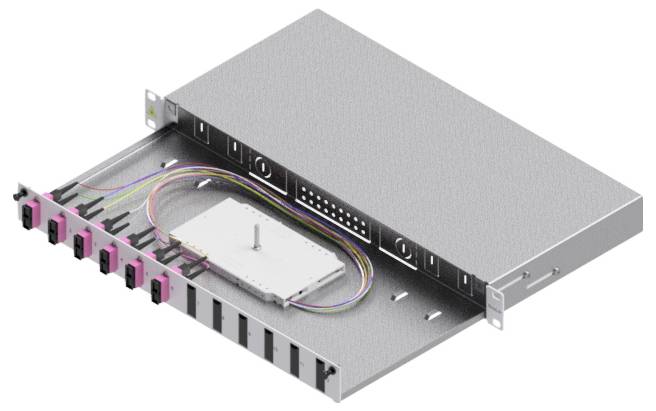 Eine Metallummantelung mit einem Schiebepanel gibt eine interne Anordnung von Kabeln und sechs rosa Steckverbindern frei.