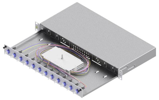 Ein metallisches Geräteregal mit mehreren Kabelanschlüssen und Verdrahtungsverbindungen, leicht geöffnet, um interne Komponenten und Verkabelungsdetails zu zeigen.