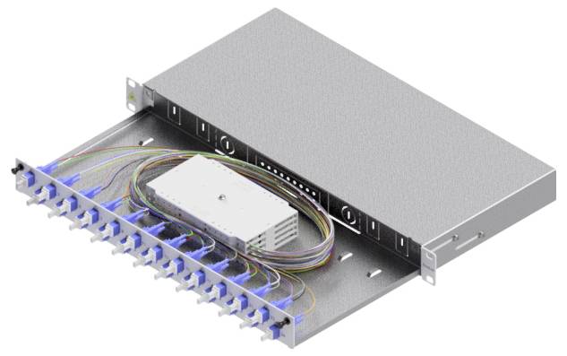 Ein Metall-Glasfaserpanel mit mehreren blauen Anschlüssen und Kabeln, die zu einem zentralen weißen Modul führen.