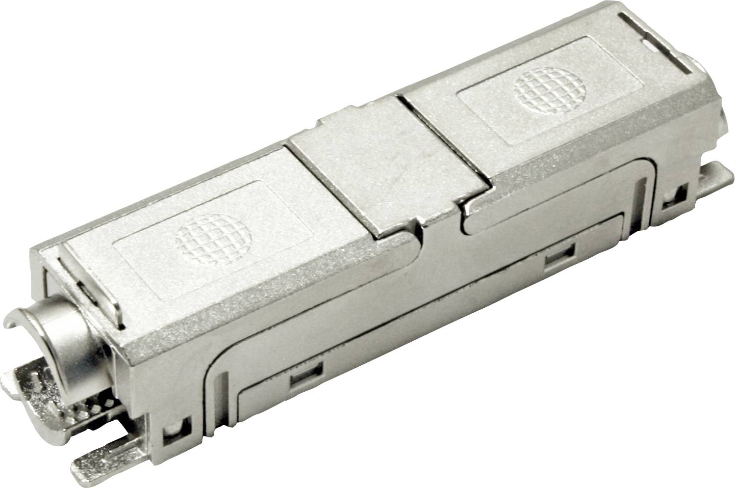 Ein metallischer Glasfaseradapter mit rechteckiger Form und einem Anschluss an einem Ende, der zum Verbinden von Glasfaserkabeln verwendet wird.