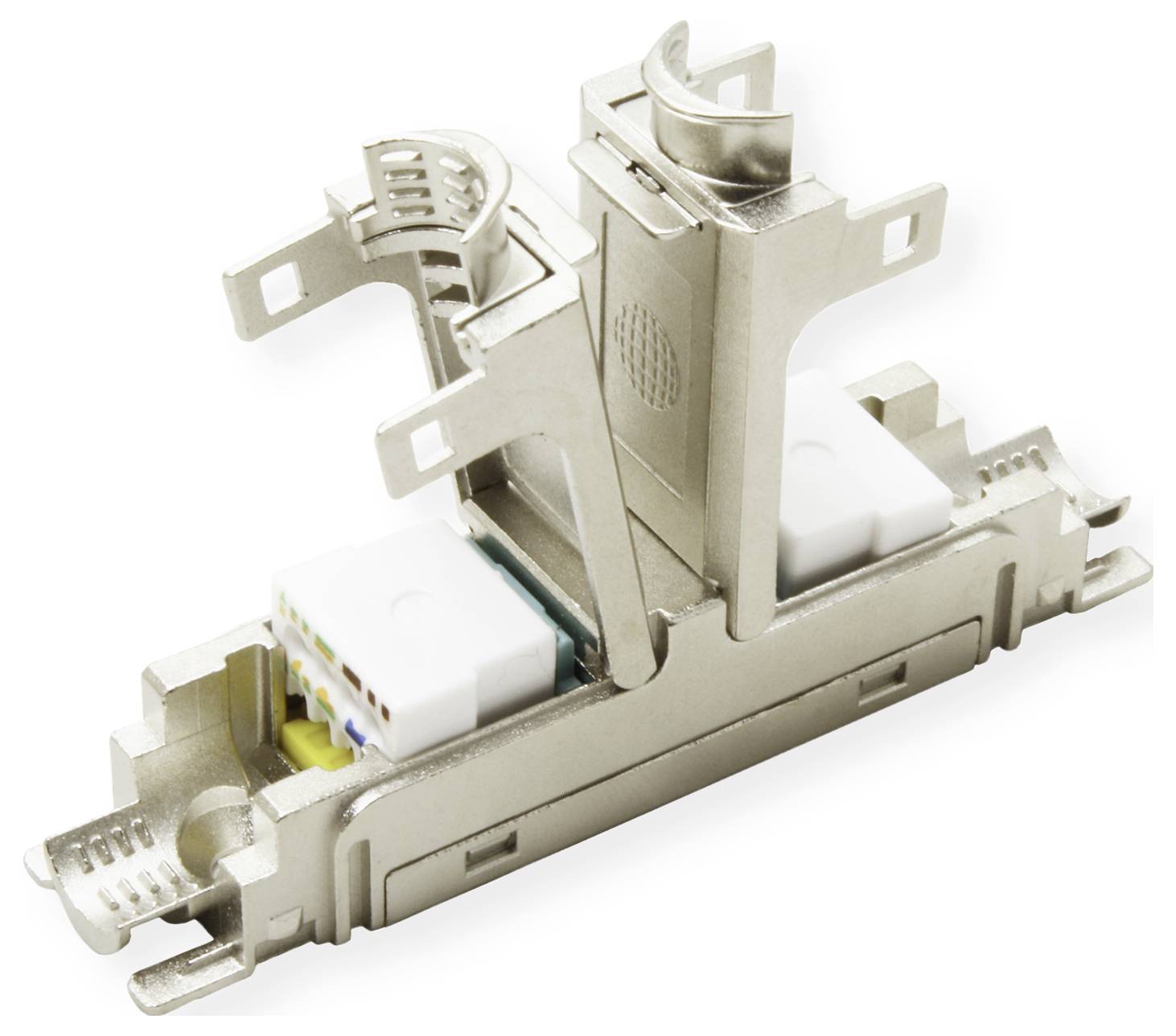 Ein metallischer RJ45-Stecker mit offenen Kunststoffverriegelungen, konstruiert für Ethernet-Kabel. Er zeigt mehrere Anschlusspunkte für Drähte.